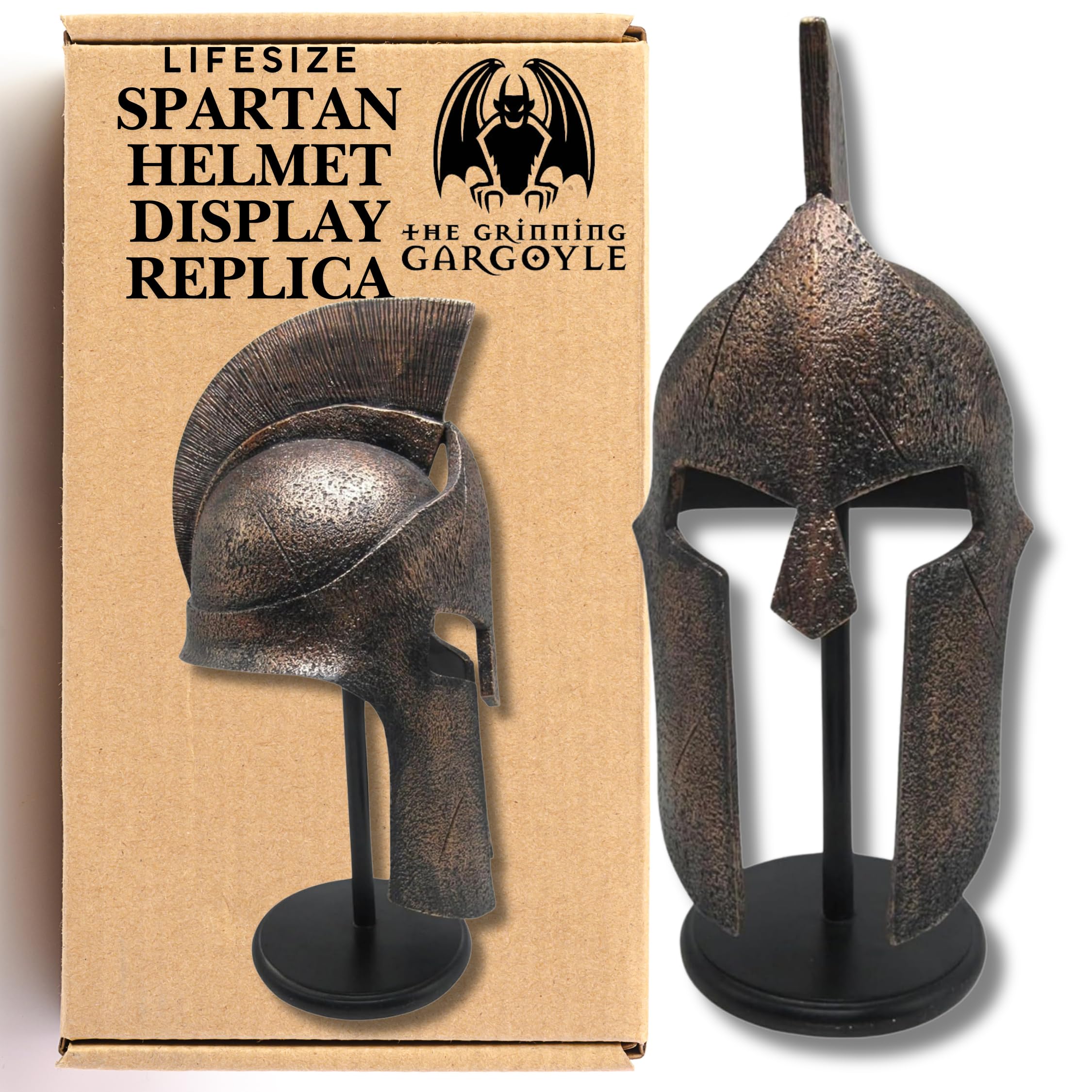 Lifesize Spartan Helmet Replica with Stand- King Leonidas Helmet - 49cm Higly Detailed and Hand Painted Greek Helmet - 300 Spartans Battle of Thermopylae -Greek Warrir Helmet - Grinning Gargoyle