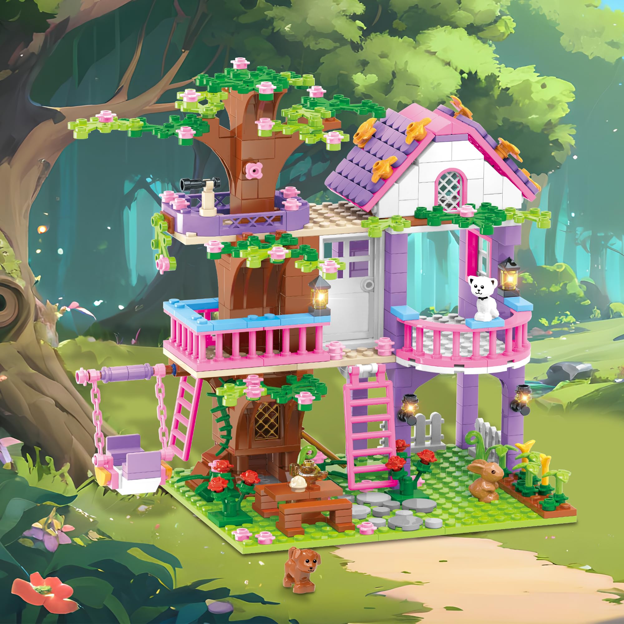 Set di Costruzione Casa sull'Albero Cooldele Età 6+, 558 PEZZI Set di Blocchi di Costruzione STEAM Foresta Casa sull'Albero con Animali, Compleanno per Bambine e Bambini Età 6 7 8 9 10 11 12+