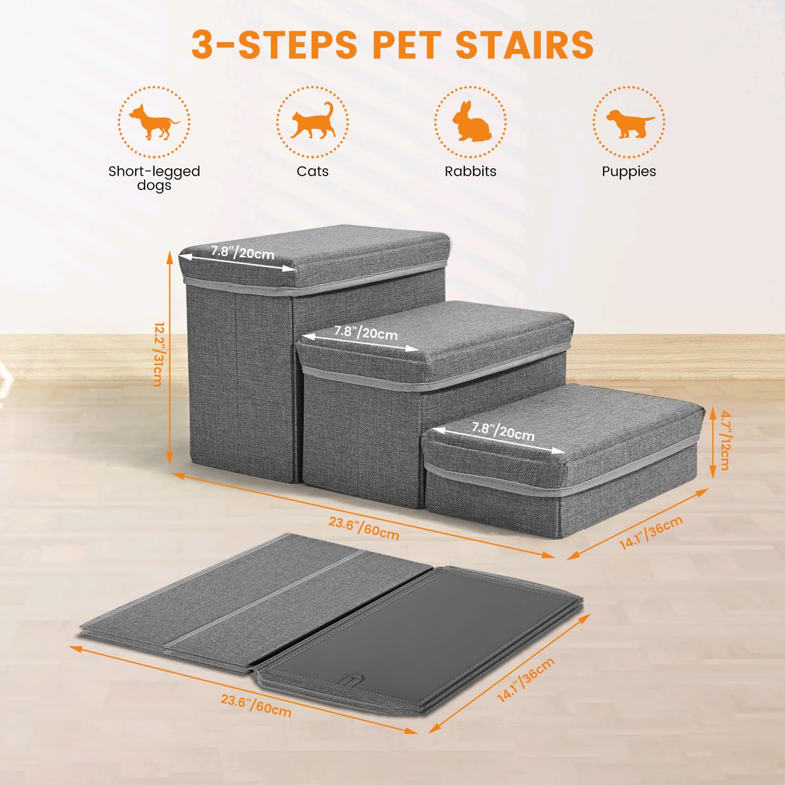 Escalier pour Chien, Sunowl Pliable Escalier Chien en 3 Marches, Extra Larges Rampe pour Chien avec Rangement, Surface Antidérapante, Aide l'animal à Monter Facilement, Escalier pour Chien et Chats