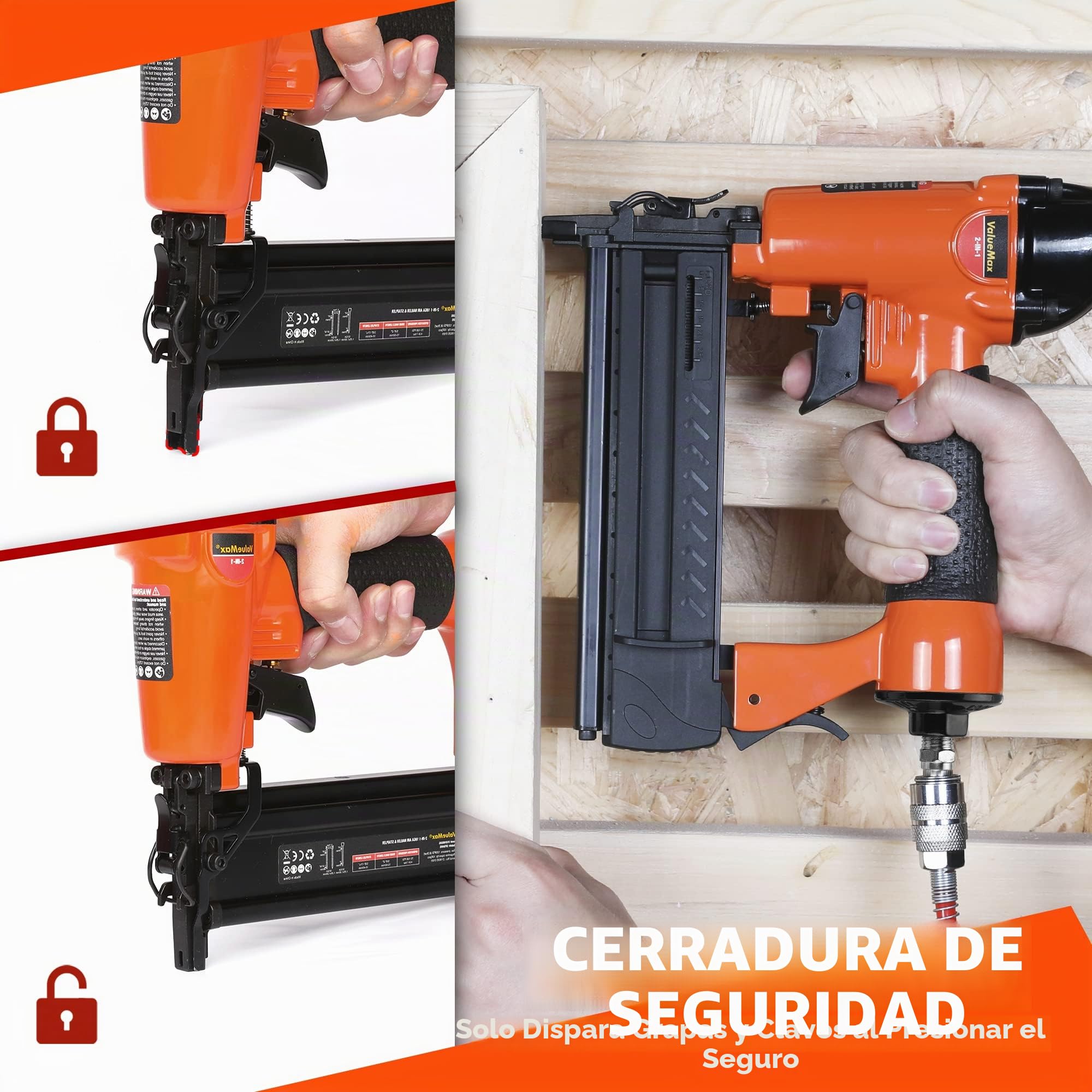 ValueMax Grapadora Neumática de Aire Comprimido 8.3 bar, Pistola de Clavos con Nariz de Seguridad, incluye 200 Grapas y 200 Clavos, Gafa, Aceite, Llave Hexagonal