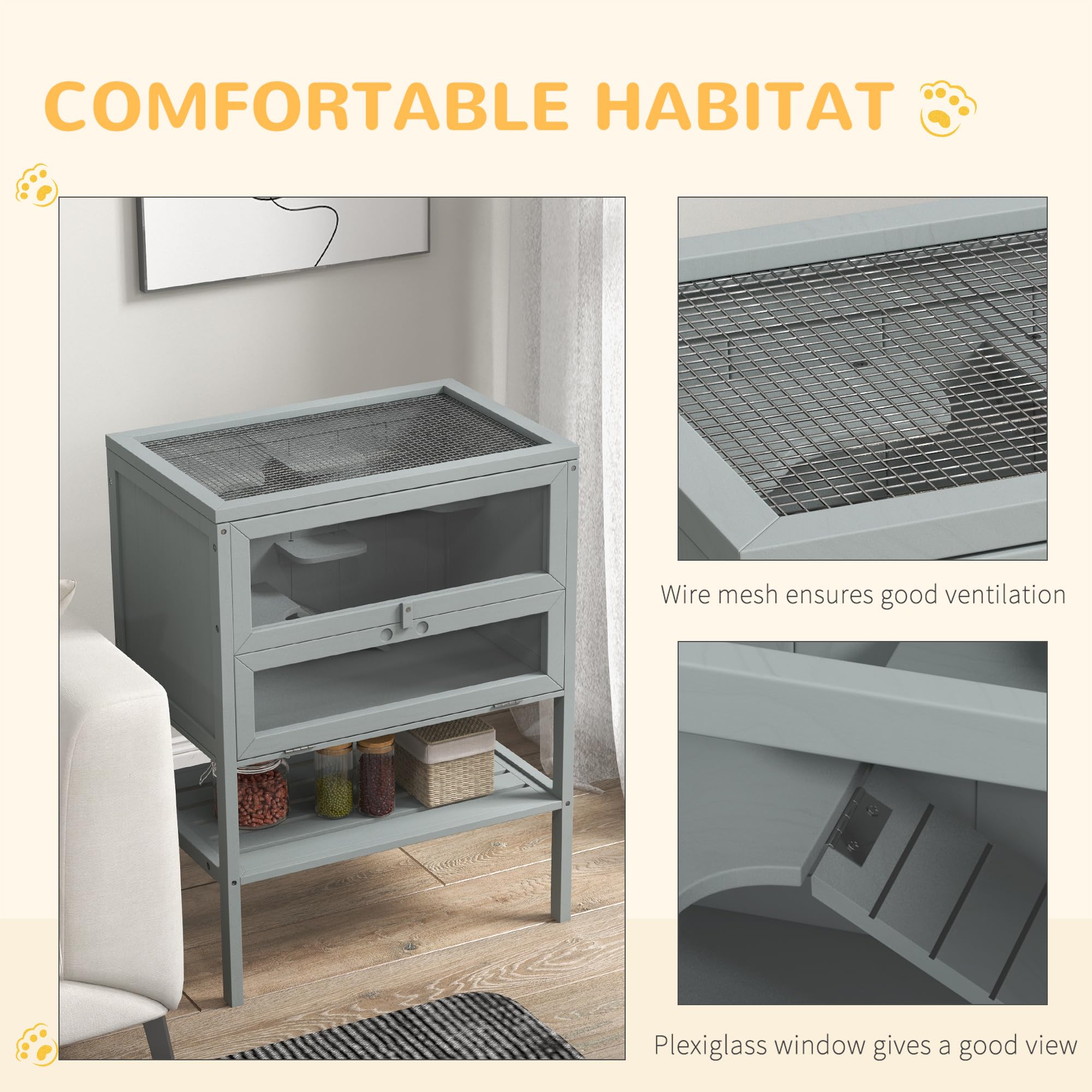 PawHut Jaula de Madera para Hámster con Estante 60x40x80 cm Gris | Casa de juego para animales pequeños, jaula para jerbo, techo abrible, rampa, para jerbos, hámsteres enanos