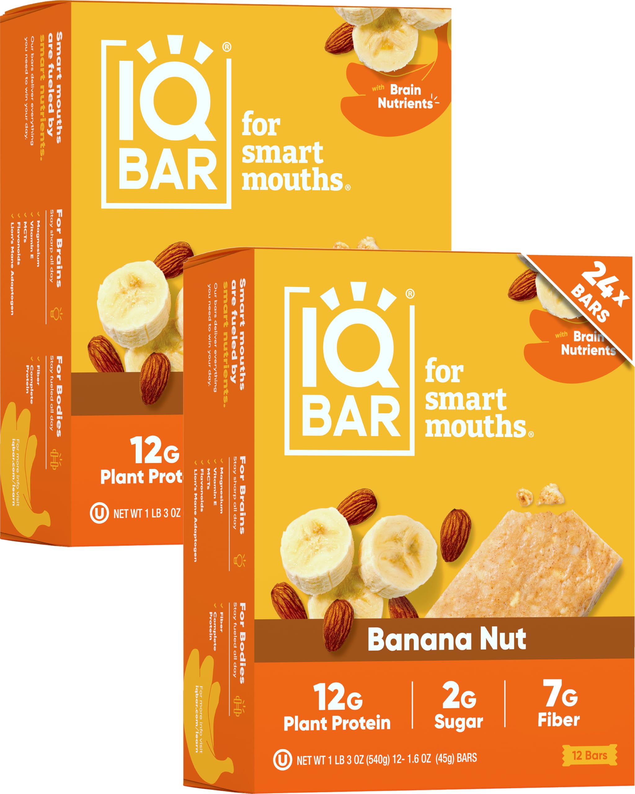 IQBAR Clean Plant Protein Bars - Banana Nut - 24 Count - Keto, Vegan, High Fiber, Gluten and Dairy Free, Low Sugar Snack - Brain and Body Nutrients for Focus, Energy, Meal Replacement