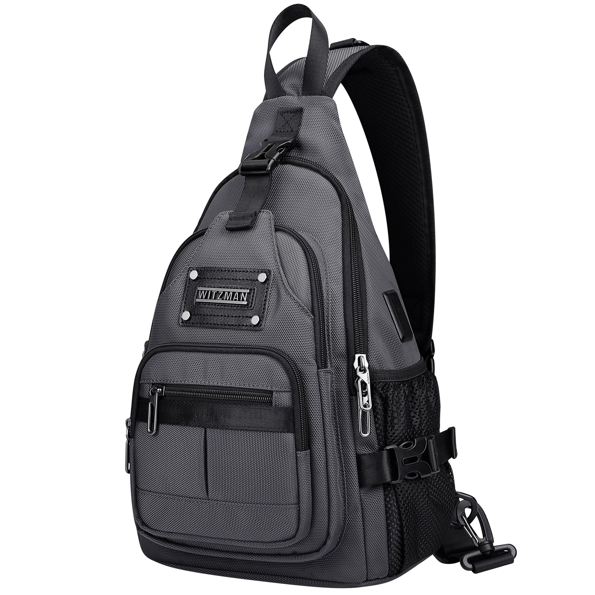 WITZMAN Sac Bandoulière Homme, Sac Poitrine Décontracté Port Charge USB | Sacoche 19L Étanche Multi-Poches Compatible iPad 9,7 Pouces, Pour Randonnée, Quotidien, Extérieur Et Travail, Gris