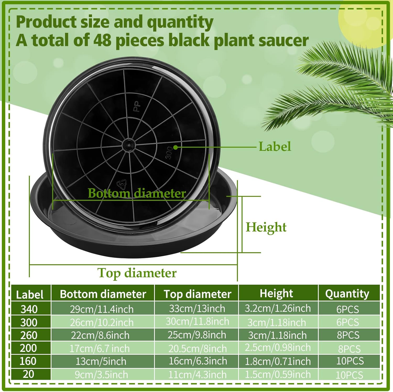 Honeydak 48 Pieces Plant Saucer Potted Plant Trays Round Plastic Drainage Tray Sturdy Drip Flower Saucers for Potted Indoor Outdoor Home Garden, 4/6/ 8/10/ 12/13 inches (Black)