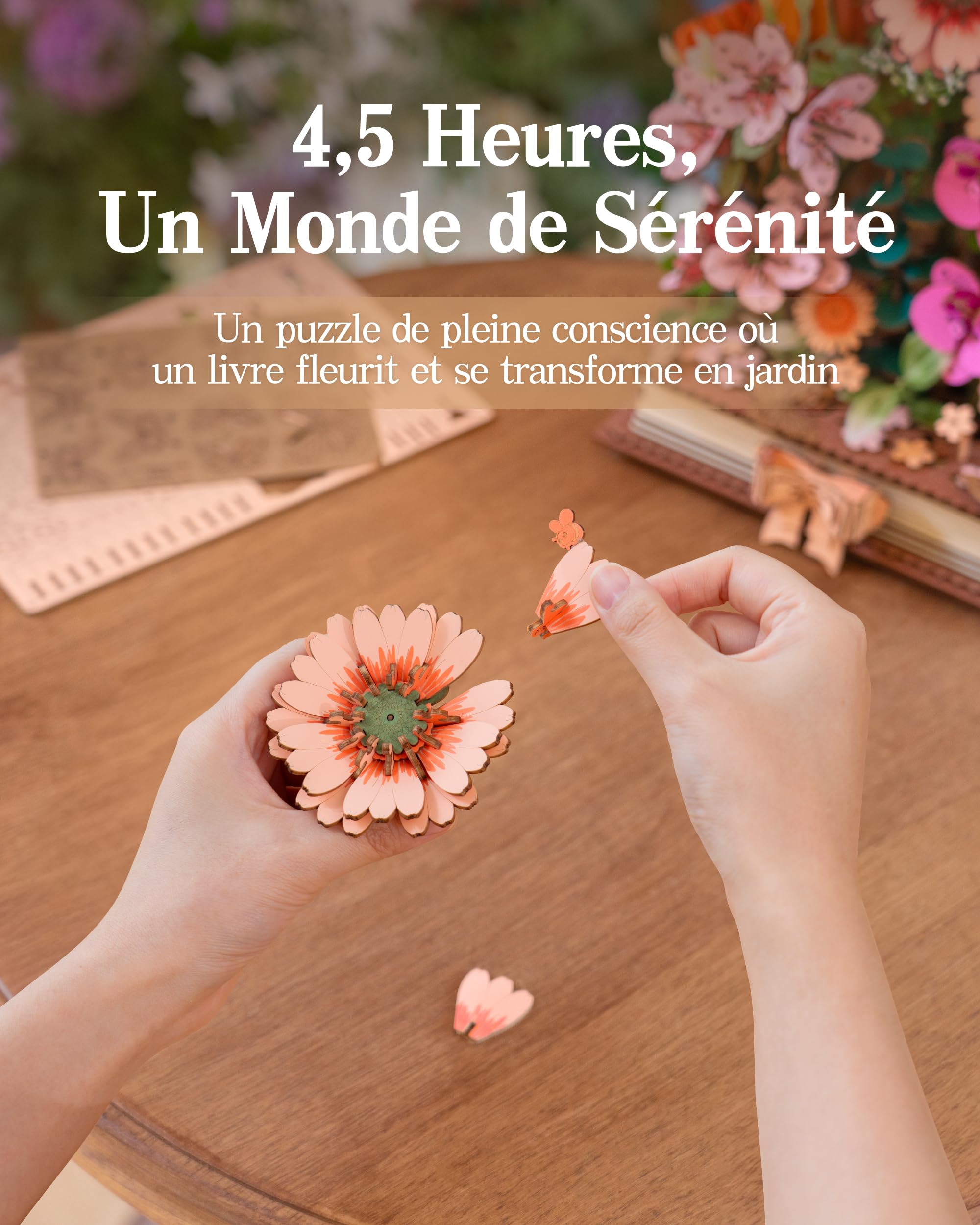 ROBOTIME Puzzle En Bois 3D Livre Fleuri, Kit Modèle Fleur Artificielle Pour Adultes, Ensemble De Construction DIY, Décoration Murale Artistique Pour Noël