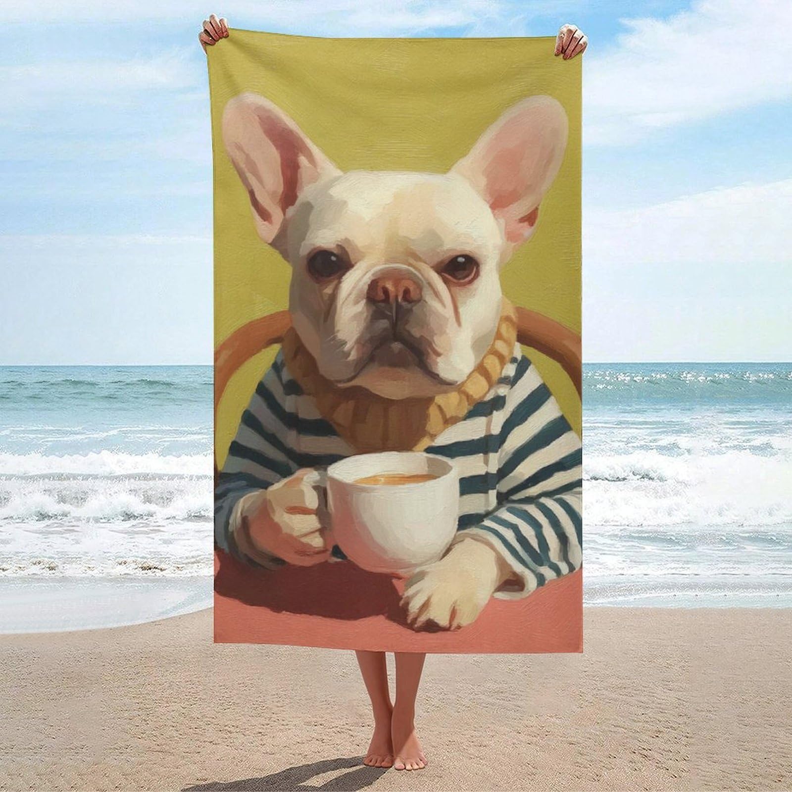 asbwuo French Bulldog Holding A Tiny Cup Beach Towel