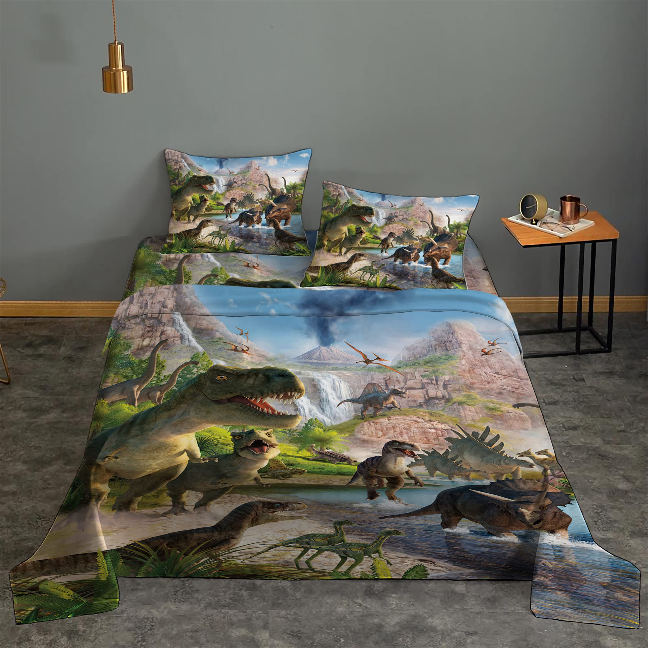 4Pcs Dinosaurs Bed Sheets Set Full for Boys 3D Realistic Dinosaur Green Fitted Sheets Set Ancient Dinosaur Theme Kids/Adults/Teens Bedroom Bedding Sheet Set,Full Size