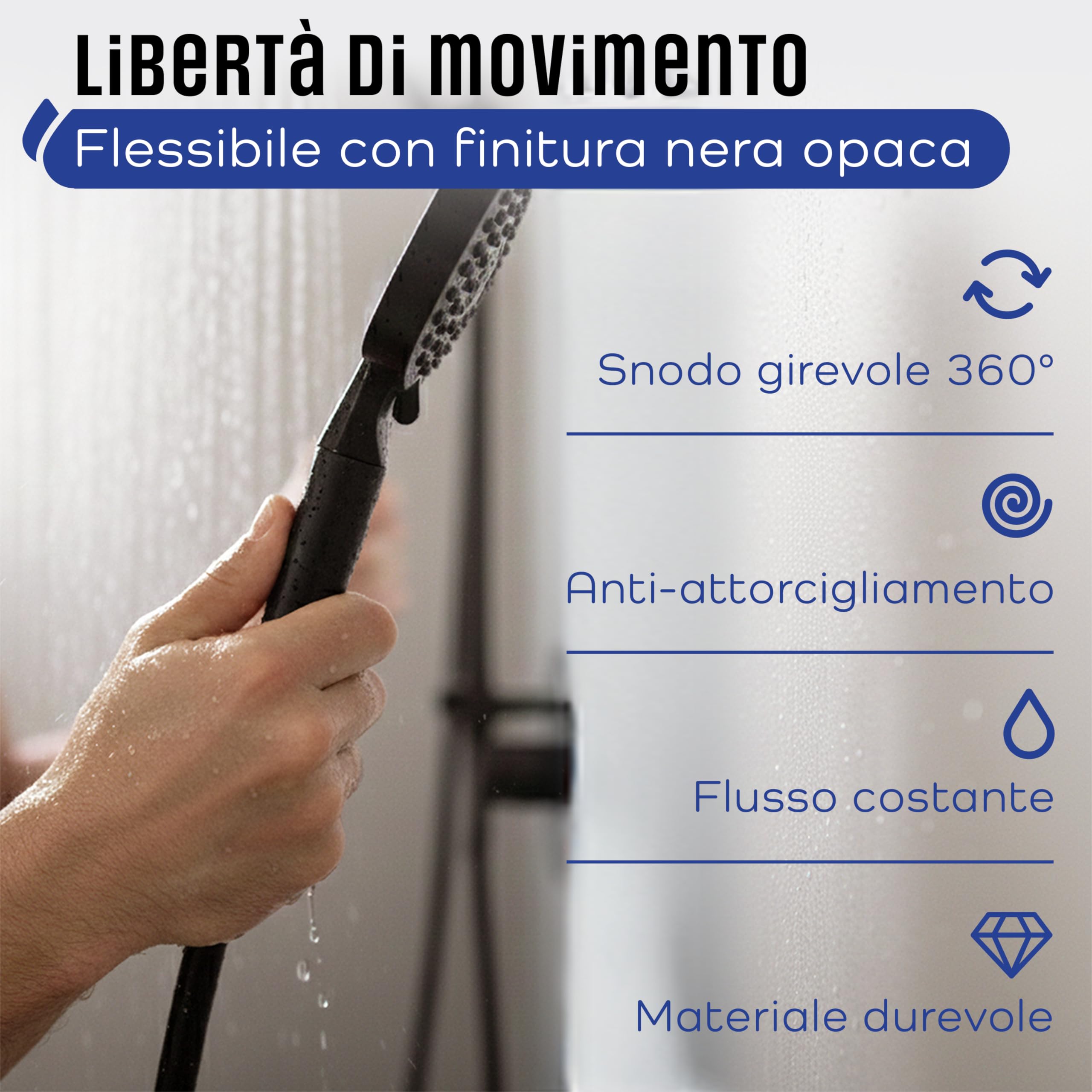 Flessibile Doccia 150 cm Universale in PVC – Tubo Doccia Antipiega con Giunti Rinforzati e Kit Accessori – Installazione Facile e Compatibile con Tutti i Doccini Standard