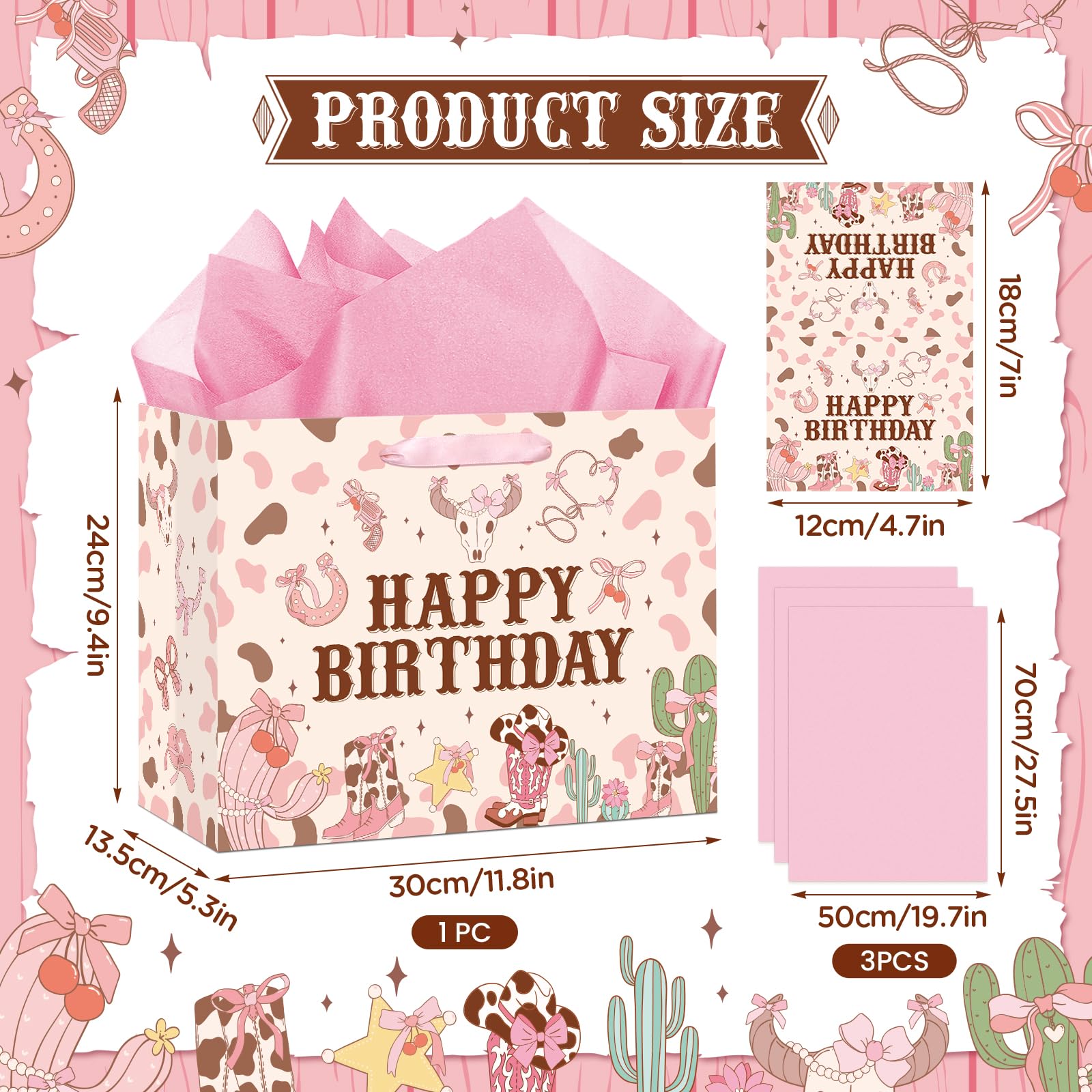 Wauprant Large Cowgirl Birthday Gift Bag for Girls Pink Wild West Western Happy Birthday Gift Bag with Wrapping Paper and Card for Girls First Rodeo Baby Shower Bachelorette Bday Party Supplies