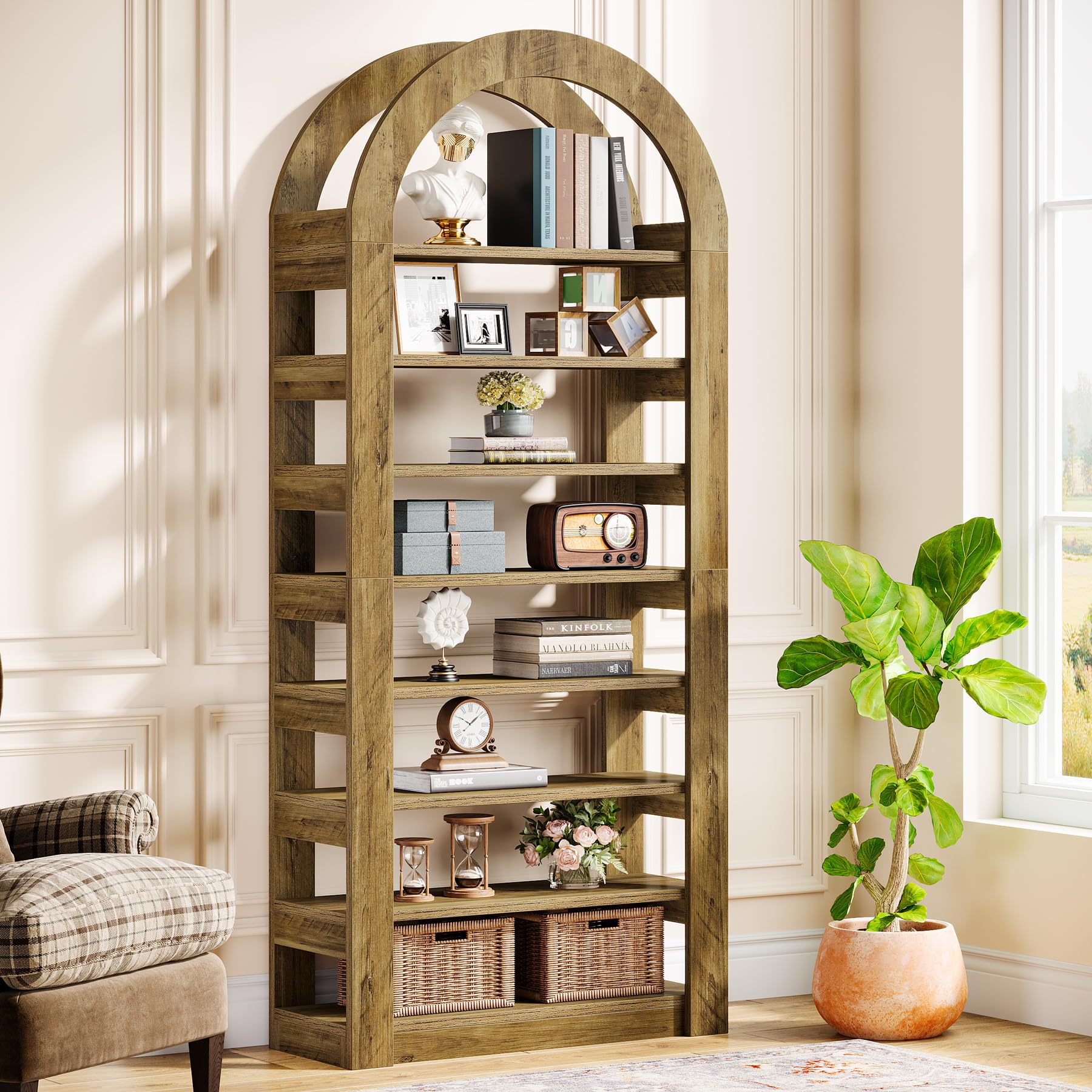 70.9" Tall Arched Bookshelf, 8-Tier Modern Open Bookcase, Large Freestanding Storage Display Book Shelf for Living Room, Bedroom, Office, Library, Light Brown
