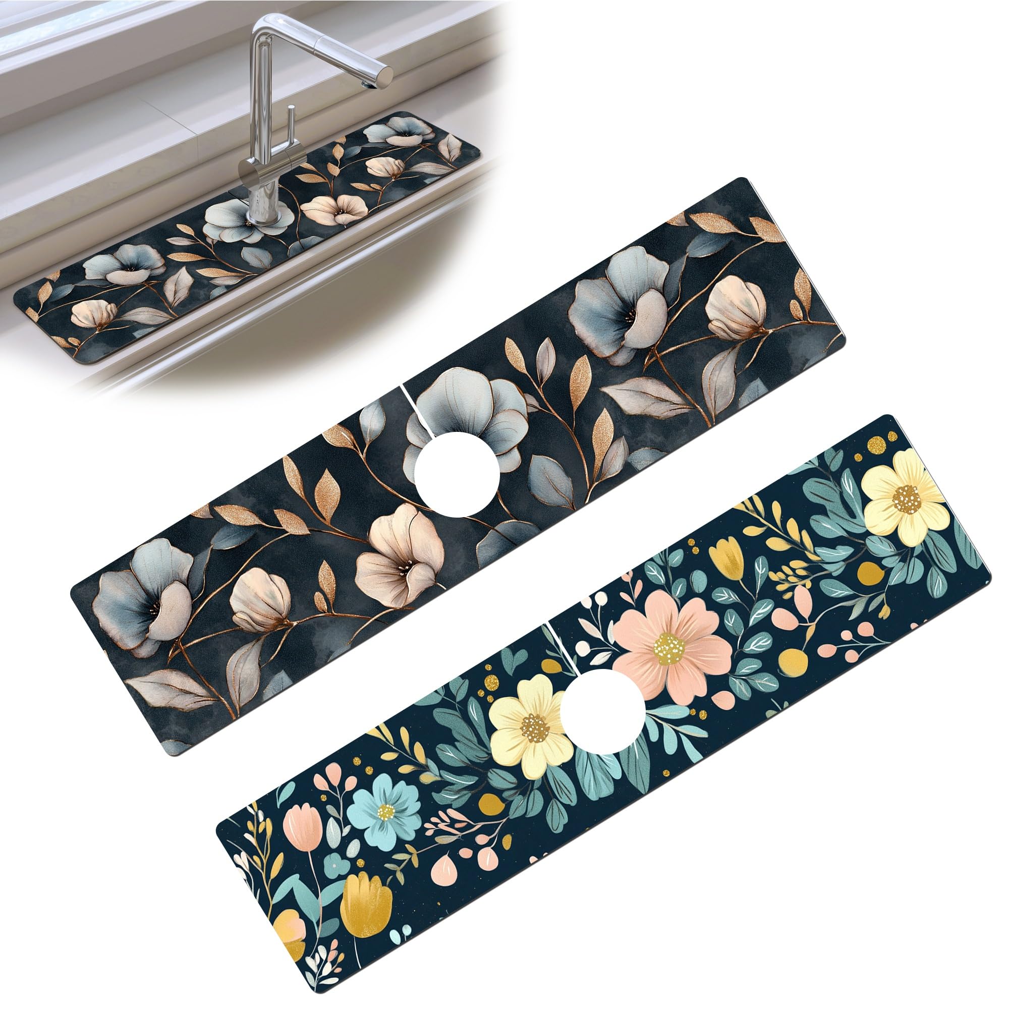 Bimkole 2 PCS Faucet Absorbent Mat, Kitchen Faucet Sink Splash Guard Wraparound Cloth Pads Drip Catcher for Sink Faucet for Kitchen Bathroom Faucet, Colorful Faucet Mat, 15 x 4 Inch Flower A4