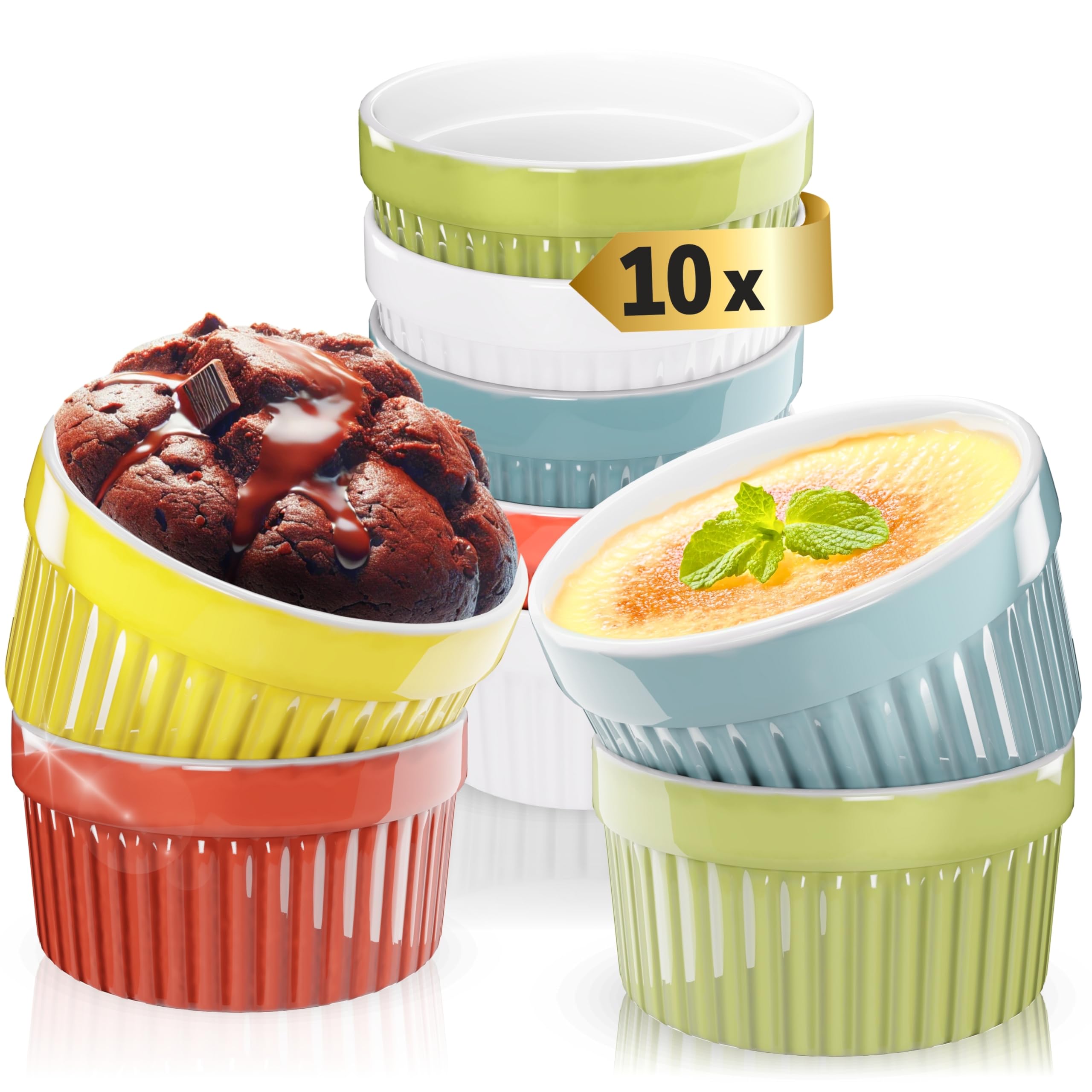 ToCi Lot de 10 moules à soufflé en céramique multicolores résistants au four, 9 cm de diamètre, capacité de 185 ml chacun, bols à crème brûlée, passe au lave-vaisselle et au micro-ondes