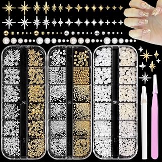 Silver Gold Nail Beads for Nail Art, Metal Caviar Nail Beads, Nail Pearls for Nail Art, Silver Gold Cross Star Nail Studs Rivet Charms for Nails Design DIY Craft Accessories