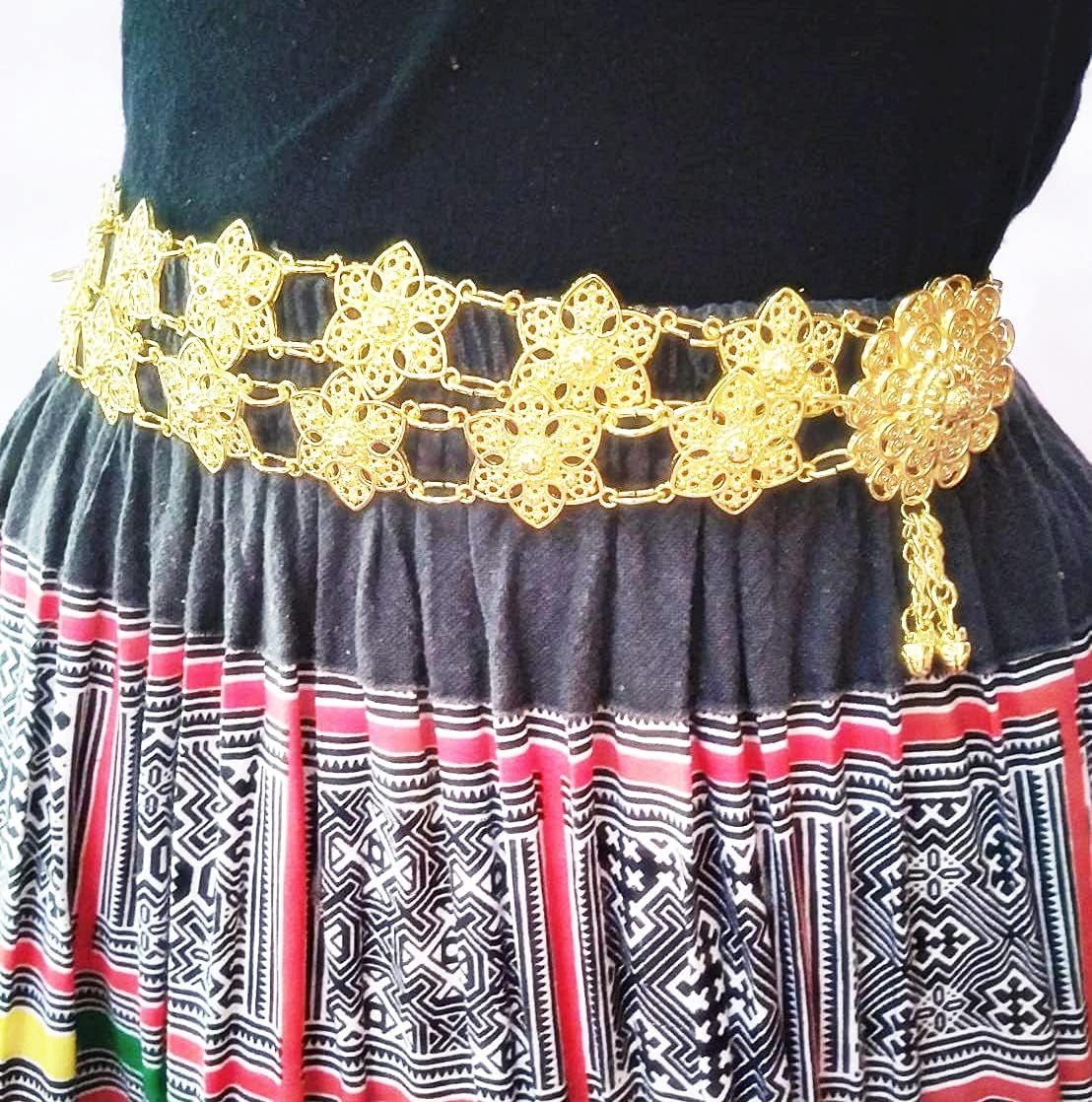 Belt Thai Gold Plate Star Flower Vintage Women Thailand Costume Chud Thai Royal Thai Dress Wedding Chain Dress Dance Ram Thai 40-41 Inches