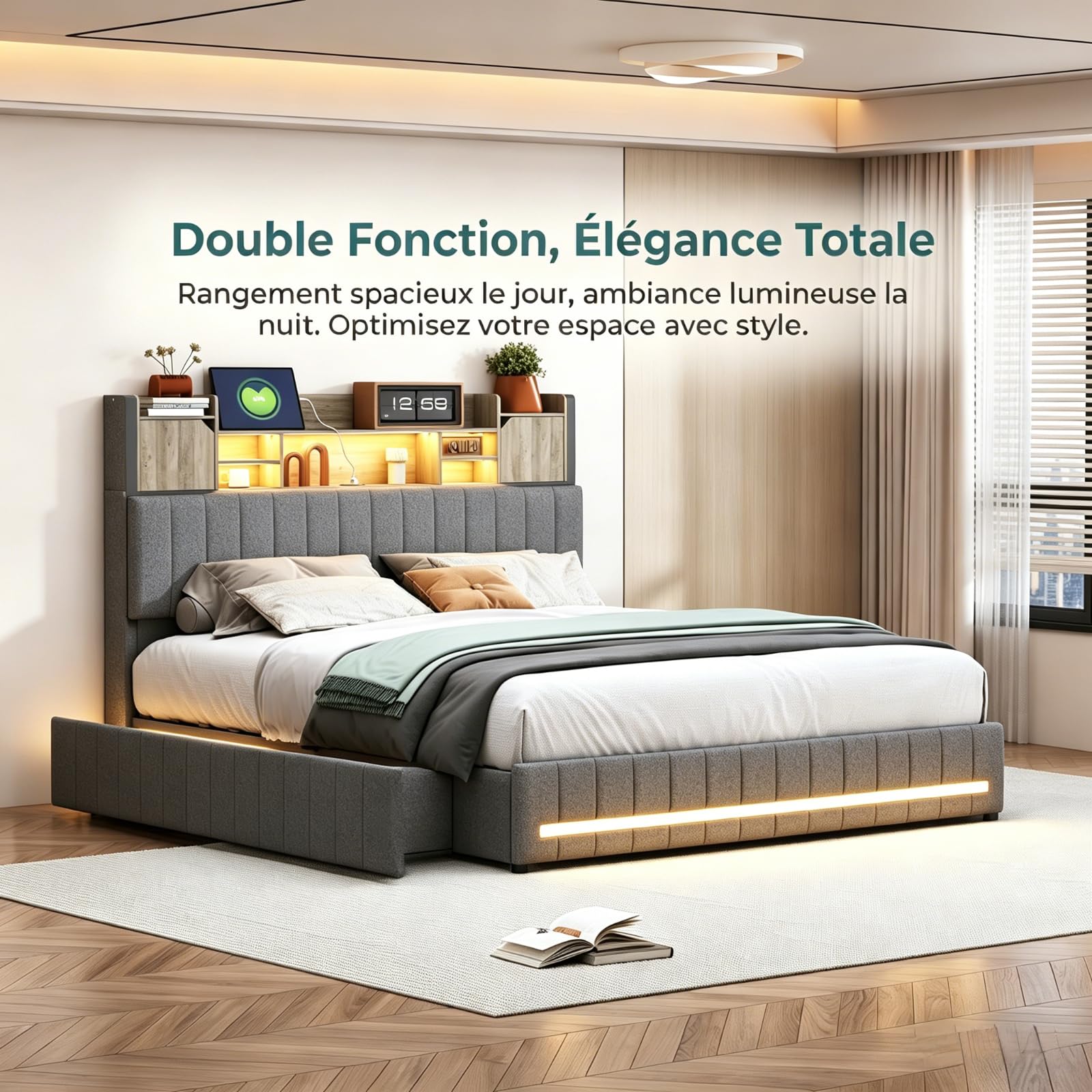 LONELYO Lit Coffre 160x200 avec Sommier LED et USB, Tête de Lit Capitonnée en Bois, Cadre en Lin Moderne, 4 Tiroirs Coulissants, Gris
