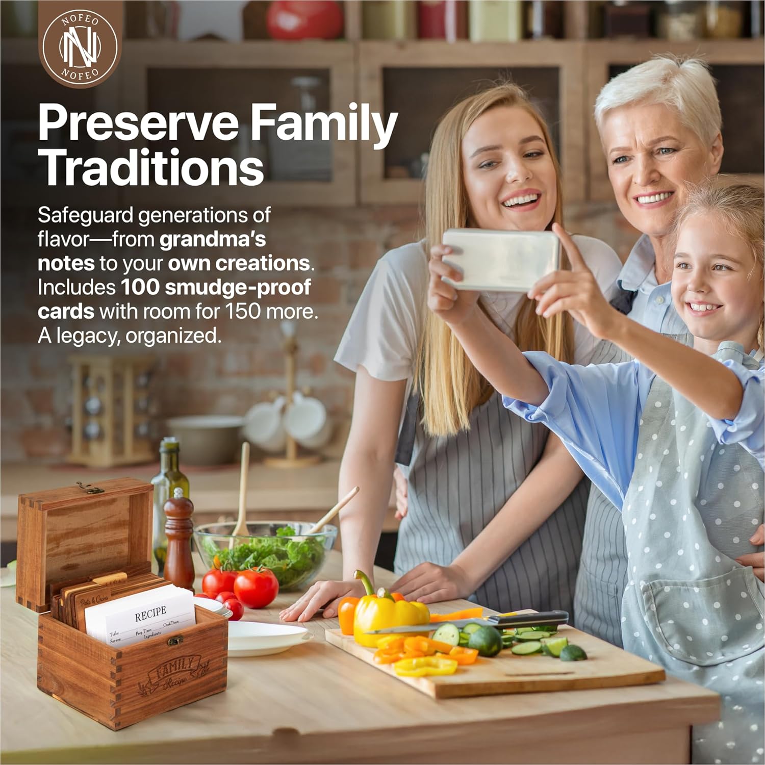 NOFEO Premium Acacia Recipe Box - 100 Double-Sided Cards, Phone Stand & 9 Wooden Dividers | Handcrafted Kitchen Recipe Organizer with Wood Conversion Card | Beautiful Rustic 4x6 Recipe Holder