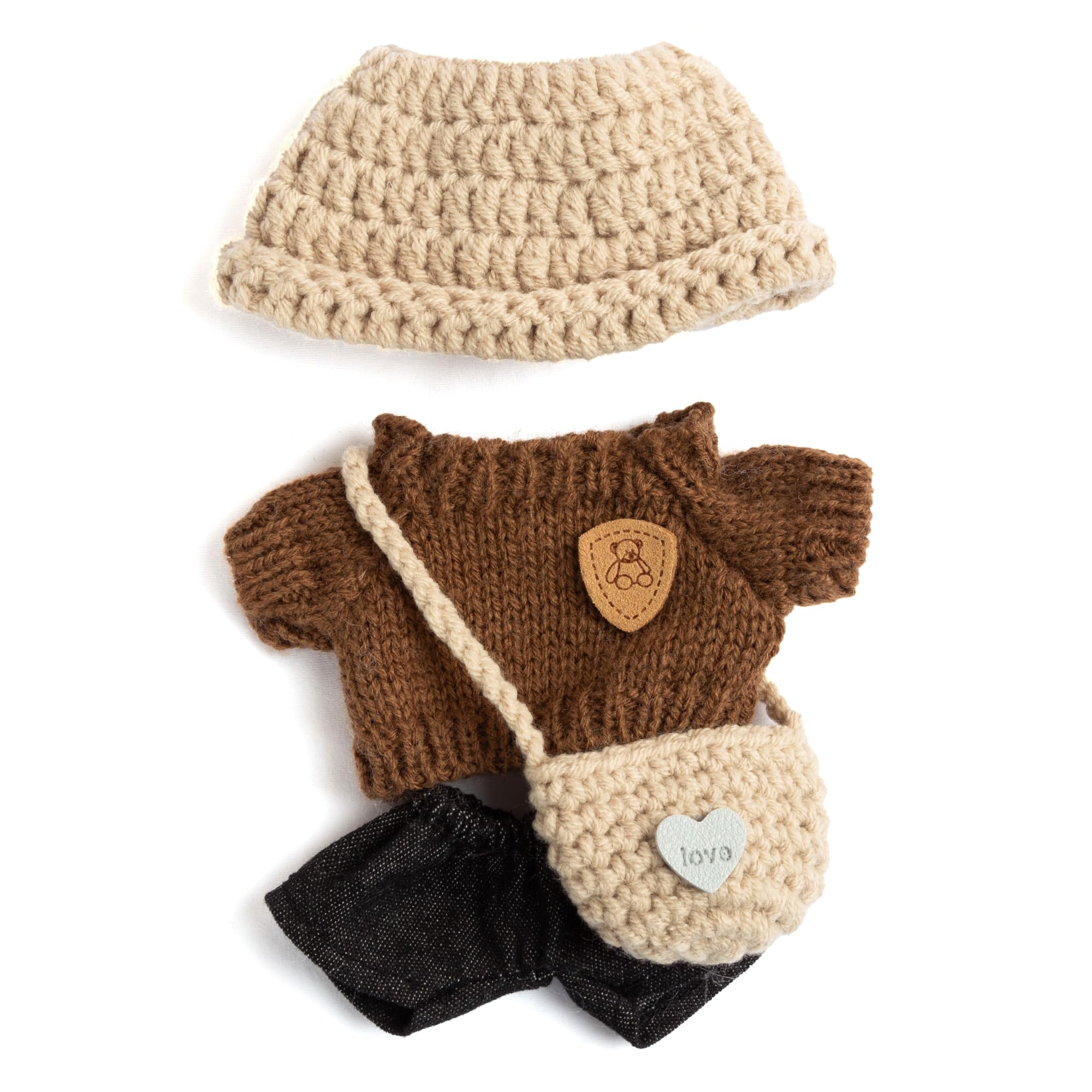 17cm Doll Clothes - Kawaii Chic Style Set for 17cm Dolls, Premium Doll Outfit with Accessories - Khaki Wool Hat + Brown Romper + Black Jeans + Khaki Bag (NO Doll)