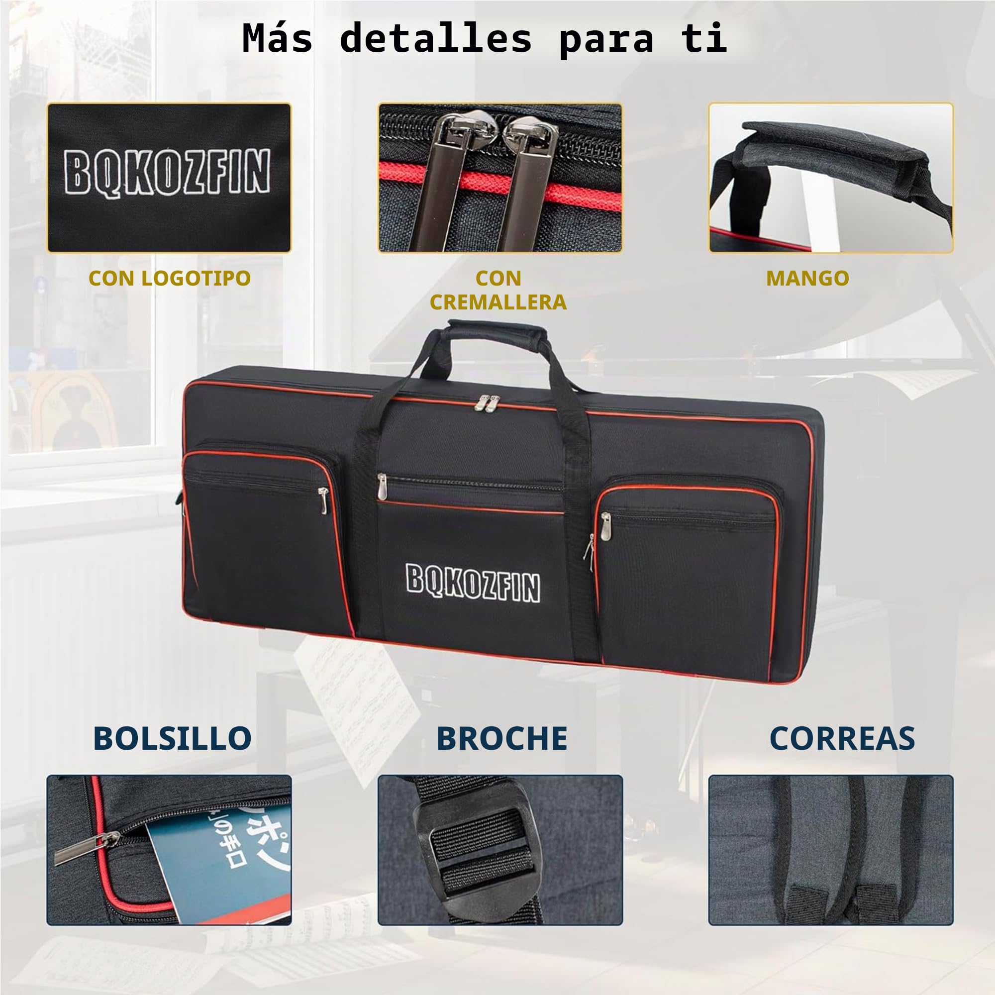 OUUTMEE Funda protectora para teclado - Funda protectora para piano eléctrico digital de tela Oxford 600D resistente con relleno de 10 mm, bolsillo de almacenamiento frontal y dos correas, Negro , 49