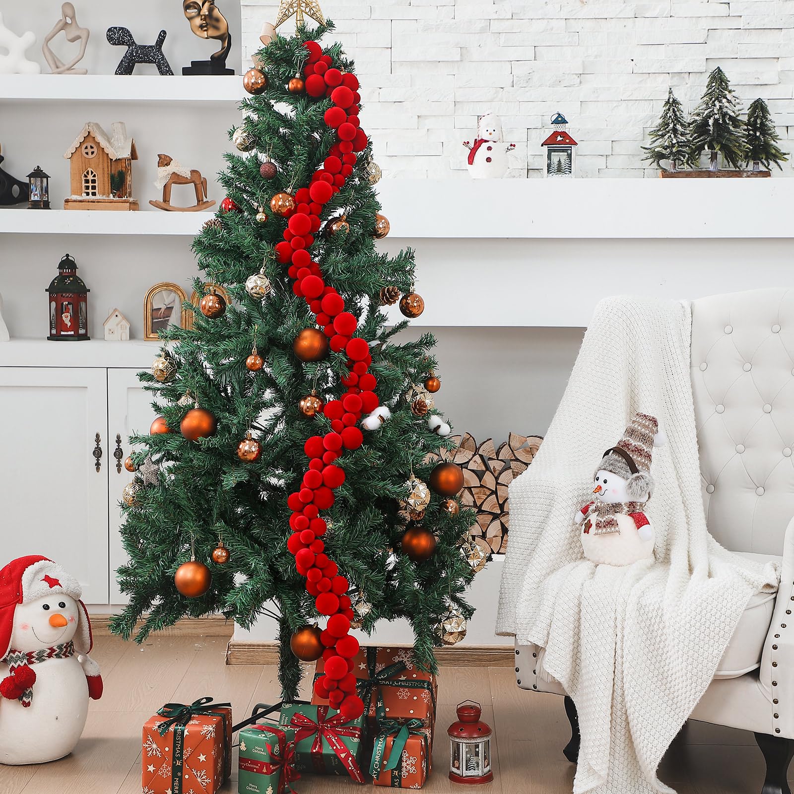 Xinnun Guirnalda de Bolas de Terciopelo de Navidad de 6 pies, Adornos de Navidad para Colgar, Bolas de Terciopelo inastillables, Decoraciones para el hogar, Interiores y Exteriores, Mantel de