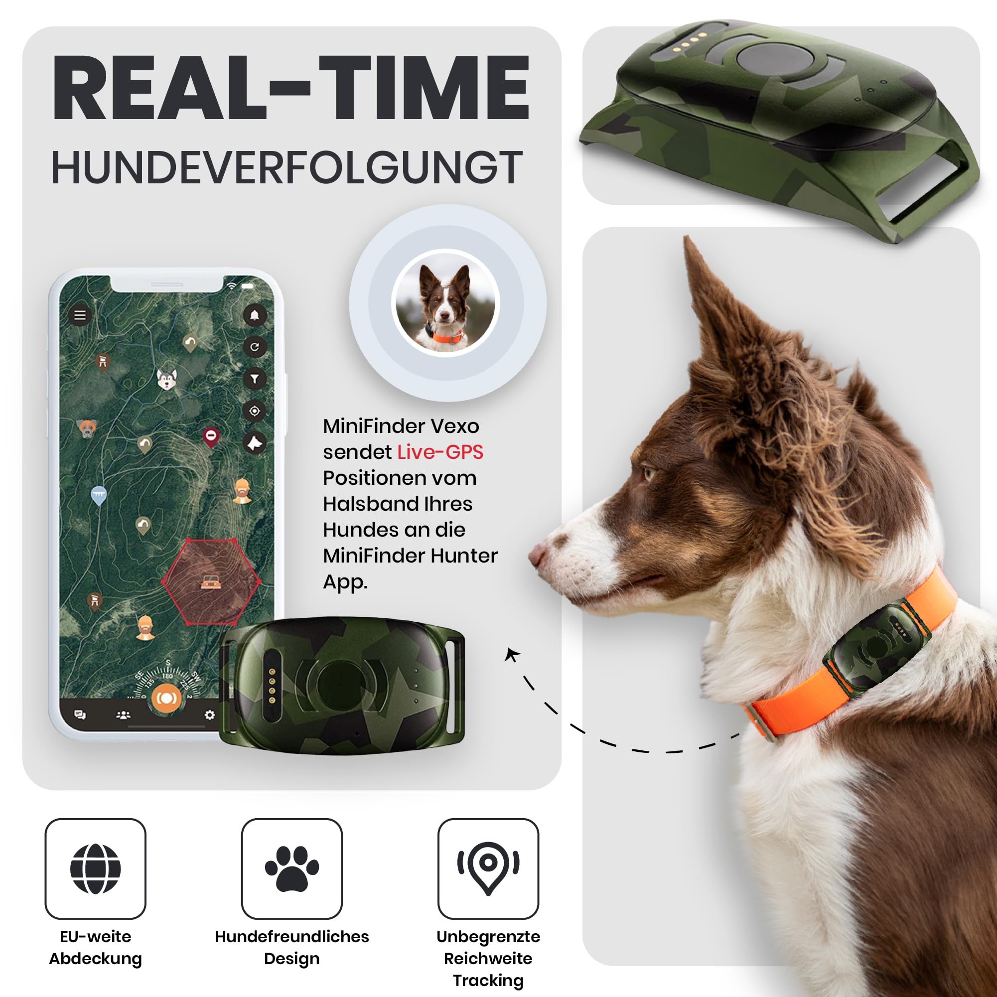 MiniFinder Vexo GPS Jagdhund-Tracker – Kompakte Hunde-Ortung in Echtzeit – Unbegrenzte Reichweite & IPX7 Wasserdicht – Robustes M90 Camo Design – Ideale Ergänzung zum Funk-Hundepeilsender