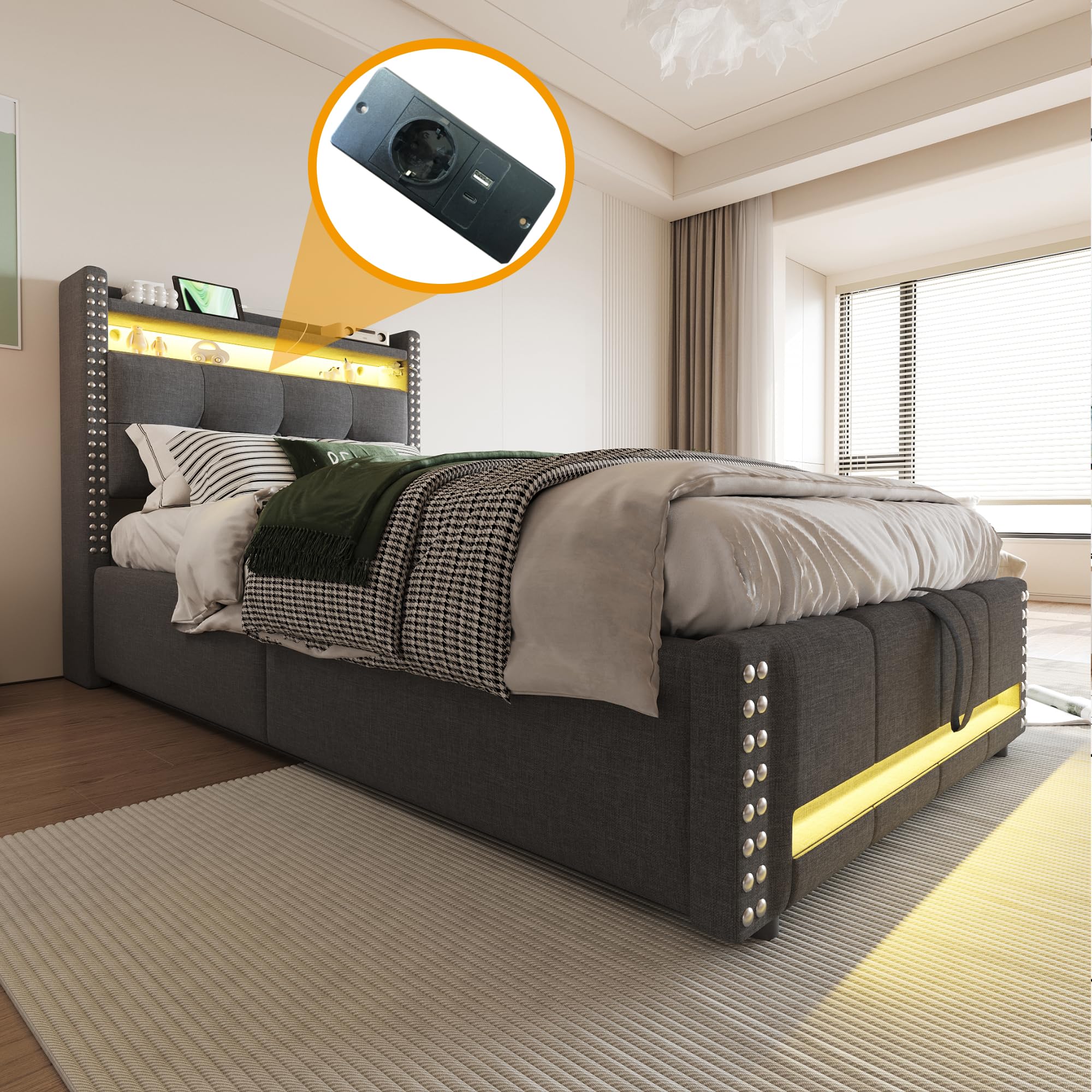 Rtopsu Kinderbett Polsterbett 90x200 cm, Jugendbett mit LED Beleuchtung und USB C, Einzelbett Stauraumbett mit Hydraulisch Stauraum, Bett Bettgestell mit Lattenrost aus Holz, Grau, Ohne Matratze