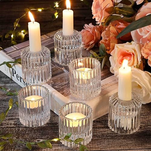 Miniatura 3 de Juego de 6 portavelas de vidrio reversible de vidrio acanalado transparente, portavelas cónicos para candelabros para centro de mesa, boda, fiesta
