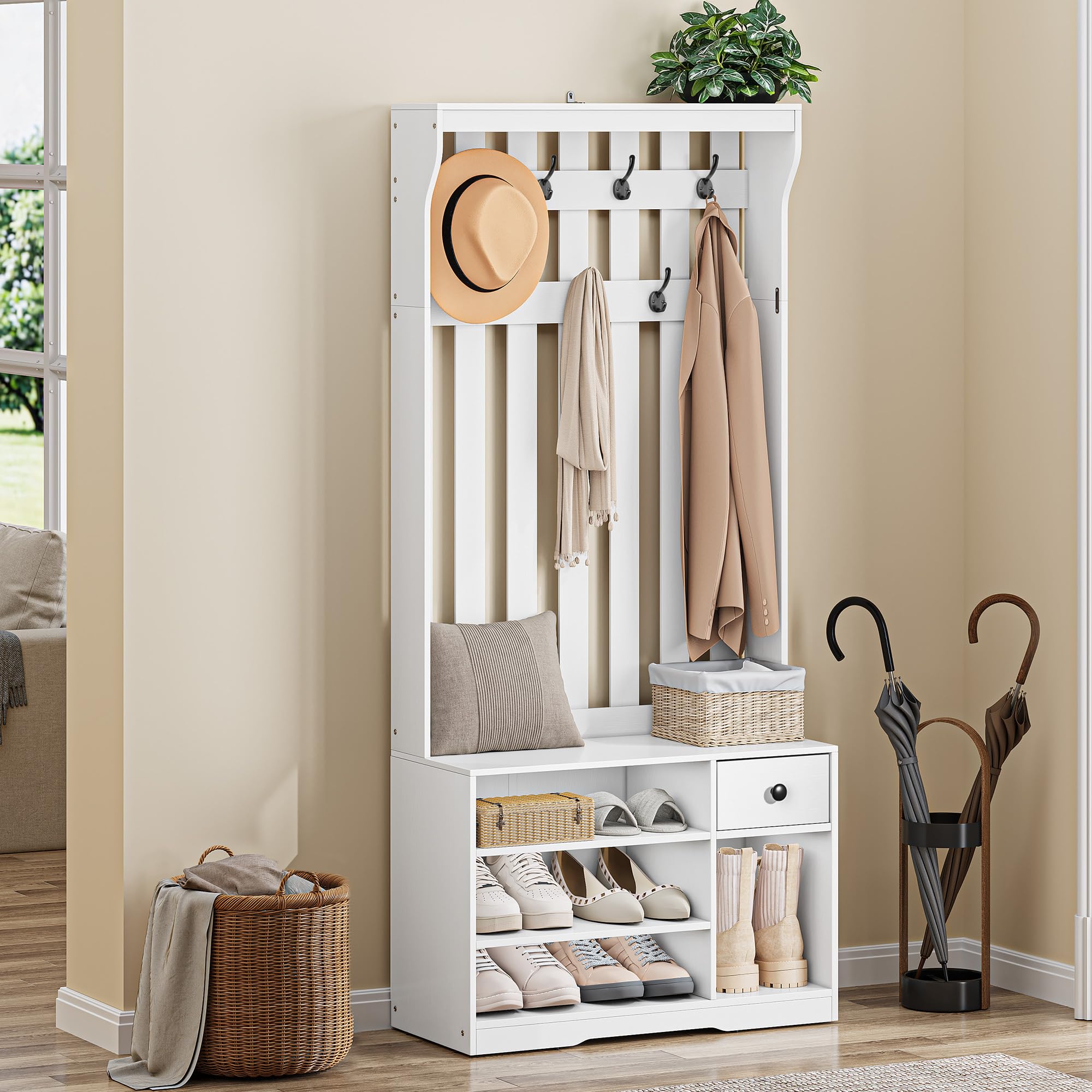 YITAHOME Appendiabiti, Appendiabiti da Terra con Scarpiera, Mobile Ingresso con 7 Ganci e Panca Contenitore, Mobili da Ingresso per Corridoio, Cassetto in tessuto, 80x35x180 cm, Bianco