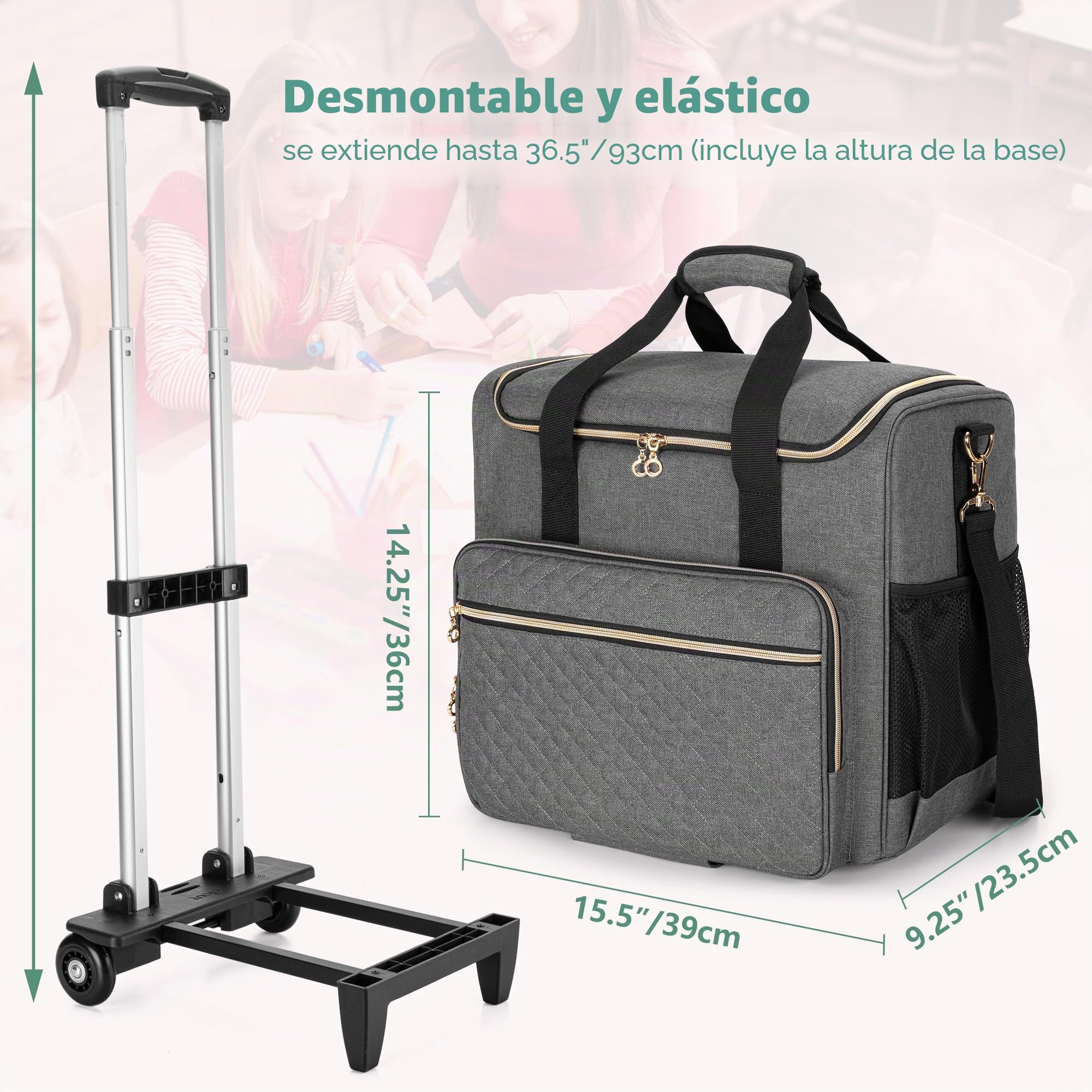 Luxja Bolsa de Profesora con Ruedas, Bolso para Maestra con Trolley Desmontable y Compartimento para Computadora Portátil (Sólo Bolsa), Gris