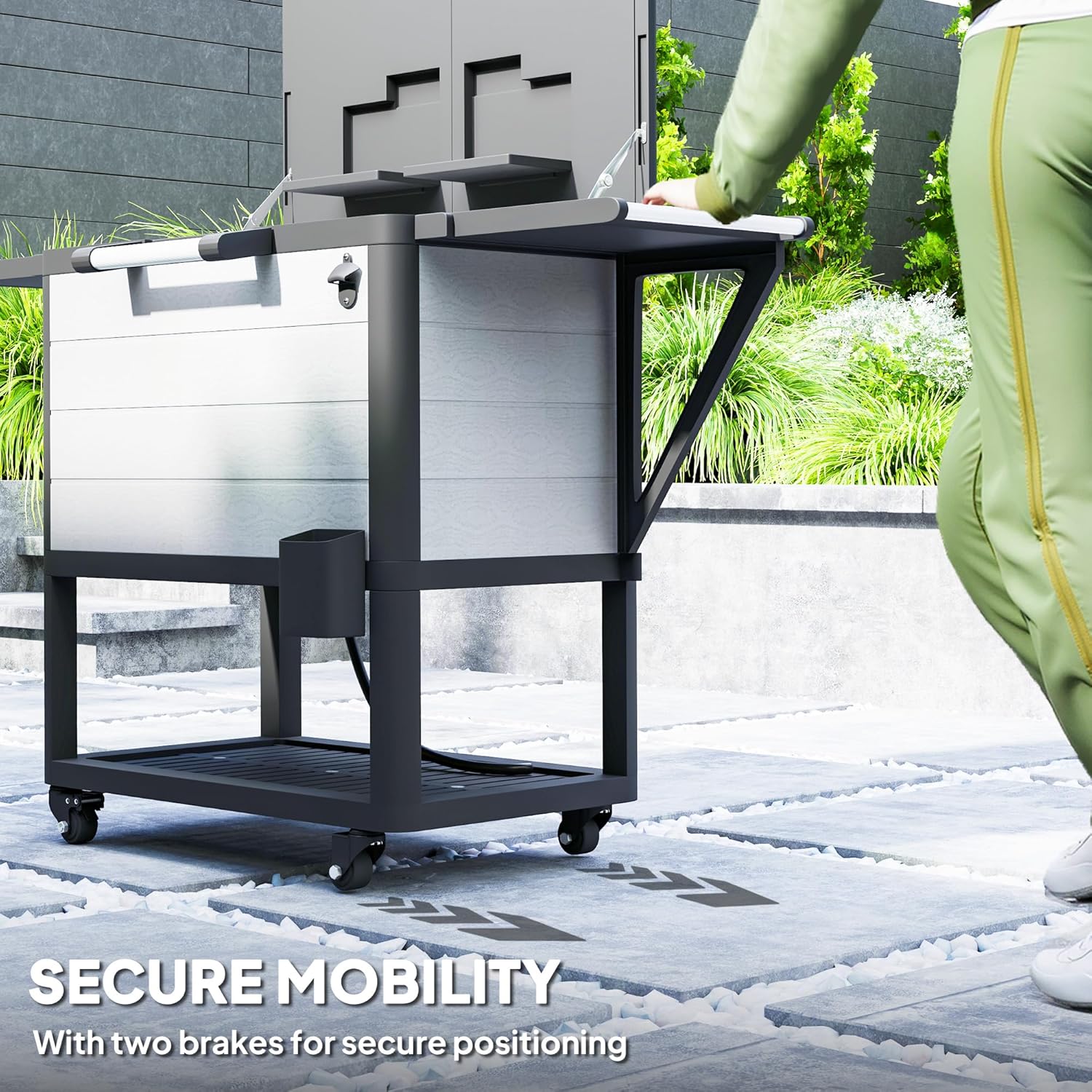 104-Quart Outdoor Cooler Cart with Wheels, 48-Hour Ice Retention Patio Cooler Bin with Lockable Casters, Bottle Opener, Towel Rack, and Foldable Side Tables