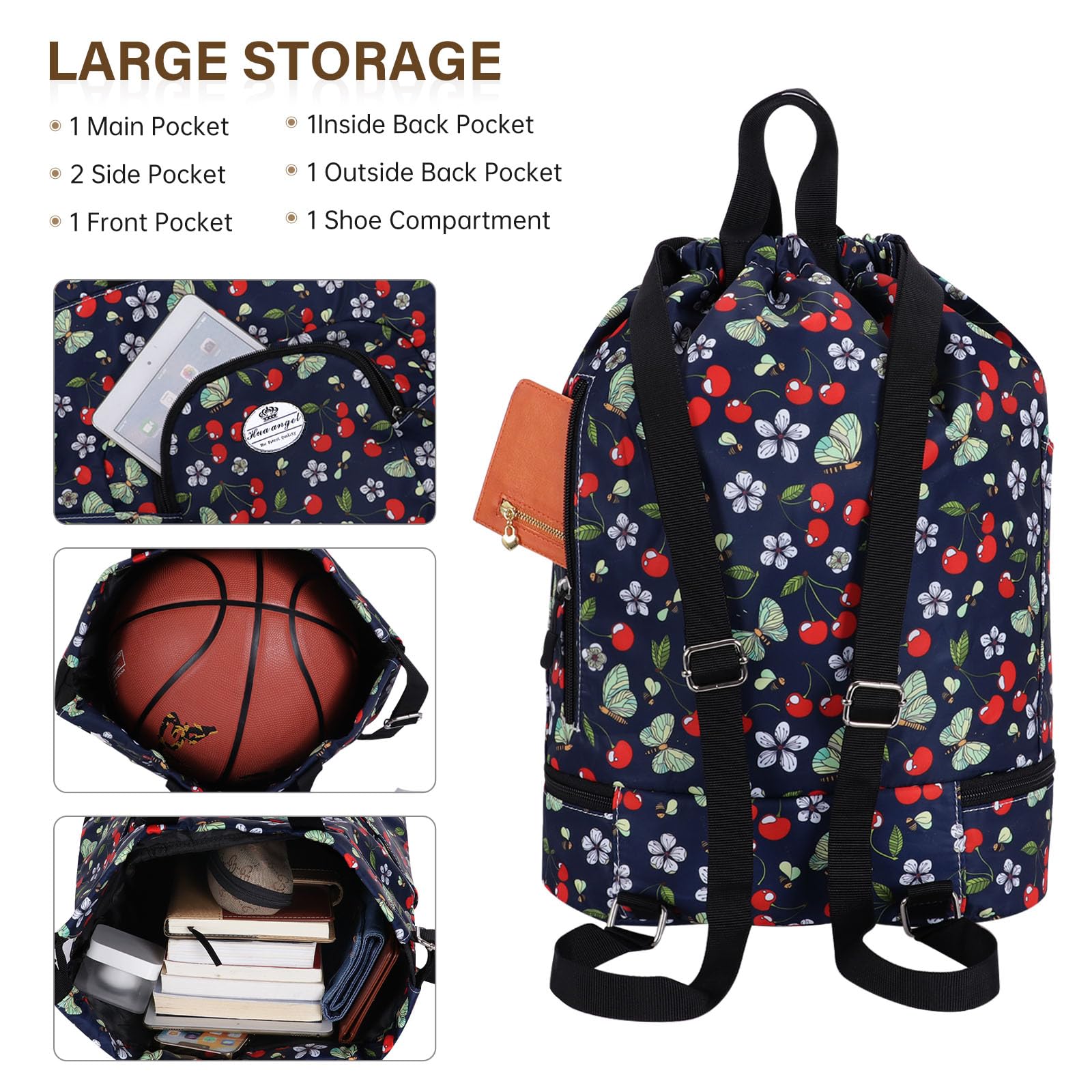 HUA ANGEL Sac à Dos avec Cordon Femme Ultra Léger Sacs a Dos de Sport Homme Avec Compartiment Chaussures pour Voyage Weekend Gym Basket Football Pickleball Piscine Plage - 3