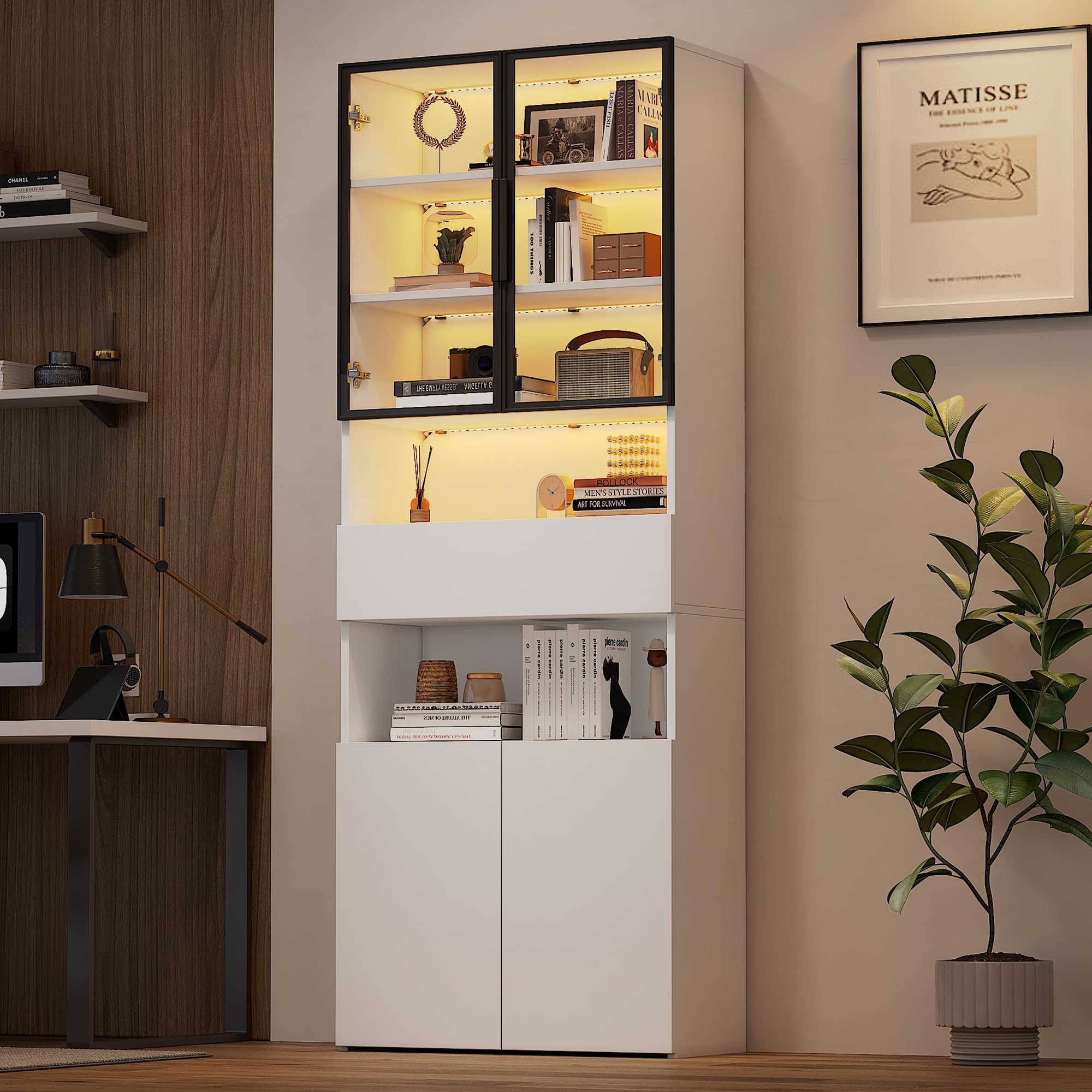 Vitrina de 70 x 30 x 200 cm, con cajones y armarios, armario alto con plataforma de almacenamiento abierta, estantería para libros, vitrina de pie, color blanco
