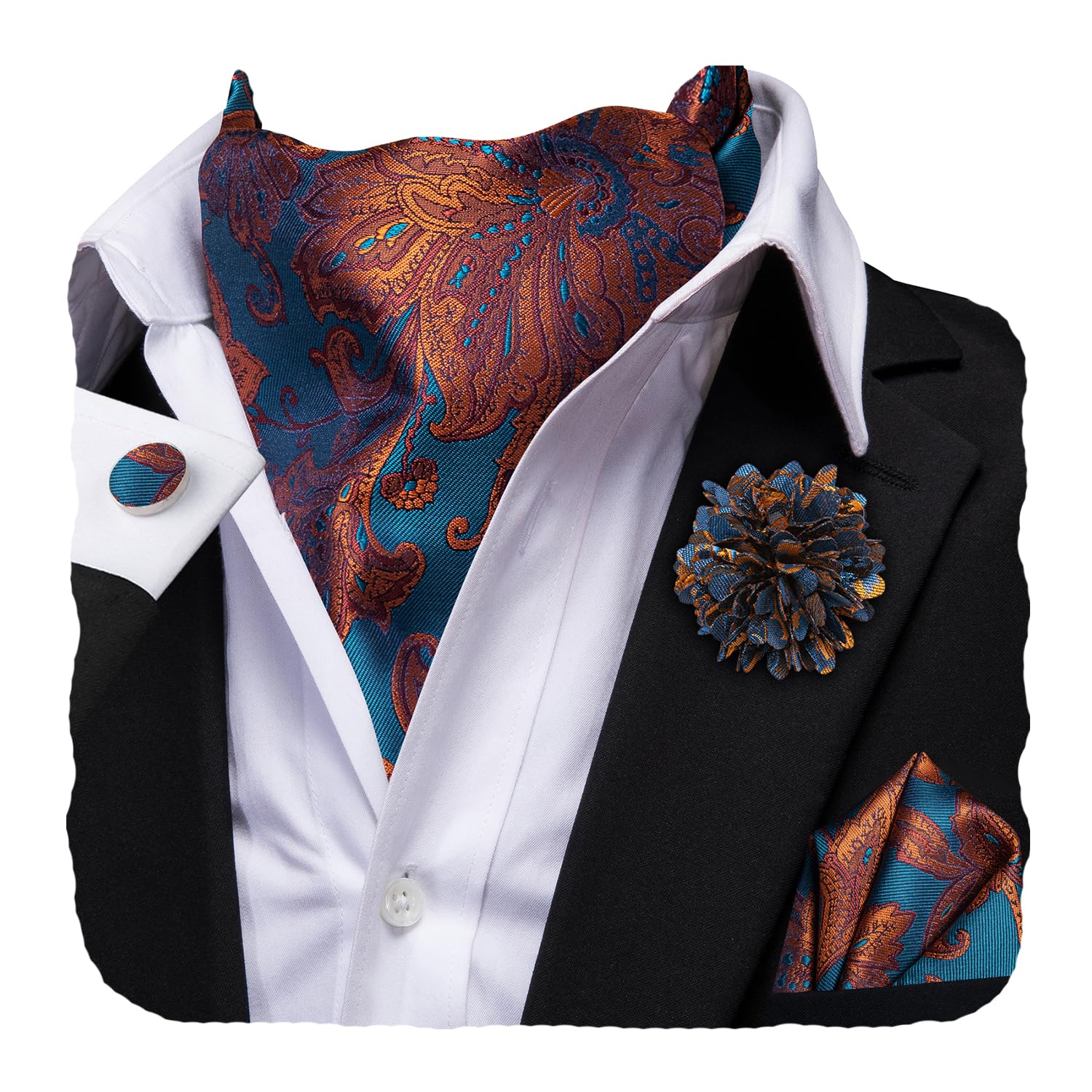 Hi-Tie Silk Ascot for Men Self Tie Men's Cravat and Flower Lapel Pin Handkerchief Cufflinks Set for Wedding Party