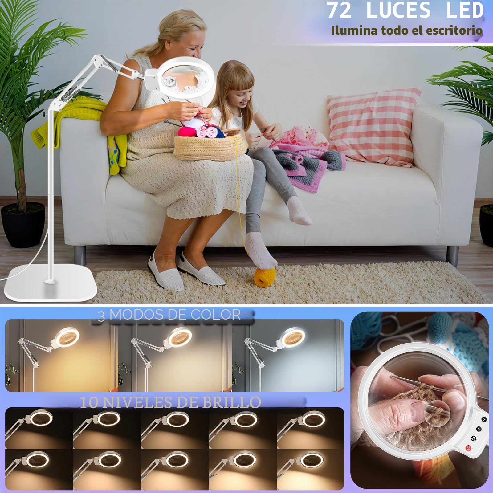 NZQXJXZ Lámpara de pie con Lupa con Luz, 2 en 1 Lupa con Luz y Soporte con 72 LED de Brillo Ajustable, Lámpara de Aumento de Cuello de Cisne Flexible para Trabajos de Cerca,Lectura, Blanco