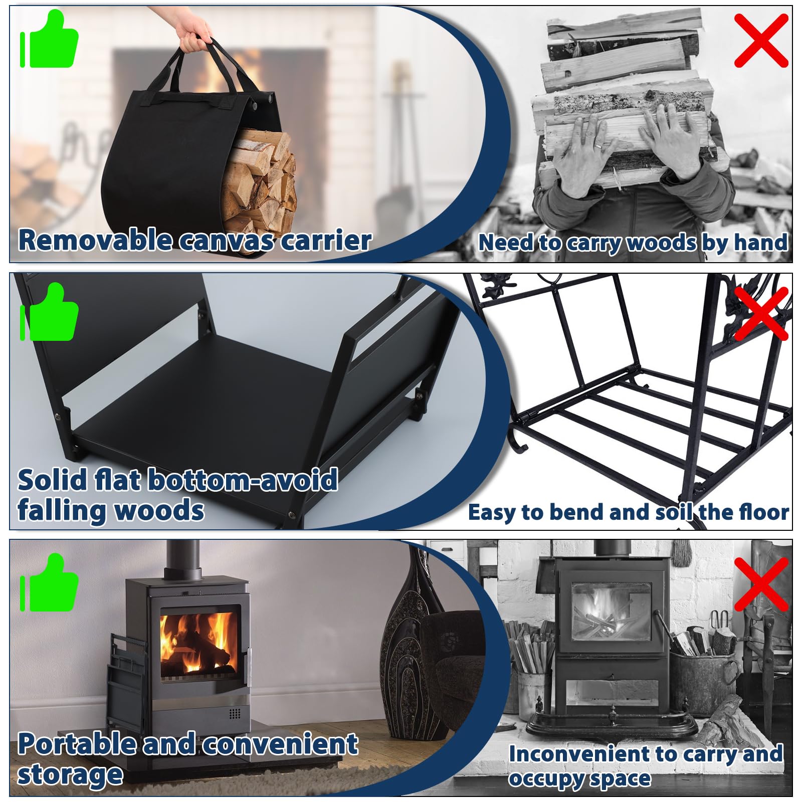 FEED GARDEN 18 Inch Firewood Rack Indoor with Canvas Log Carrier,Small Fire Wood Holder for Outdoor Wood Storage,Heavy Duty Iron Fireplace Log Holder,Black