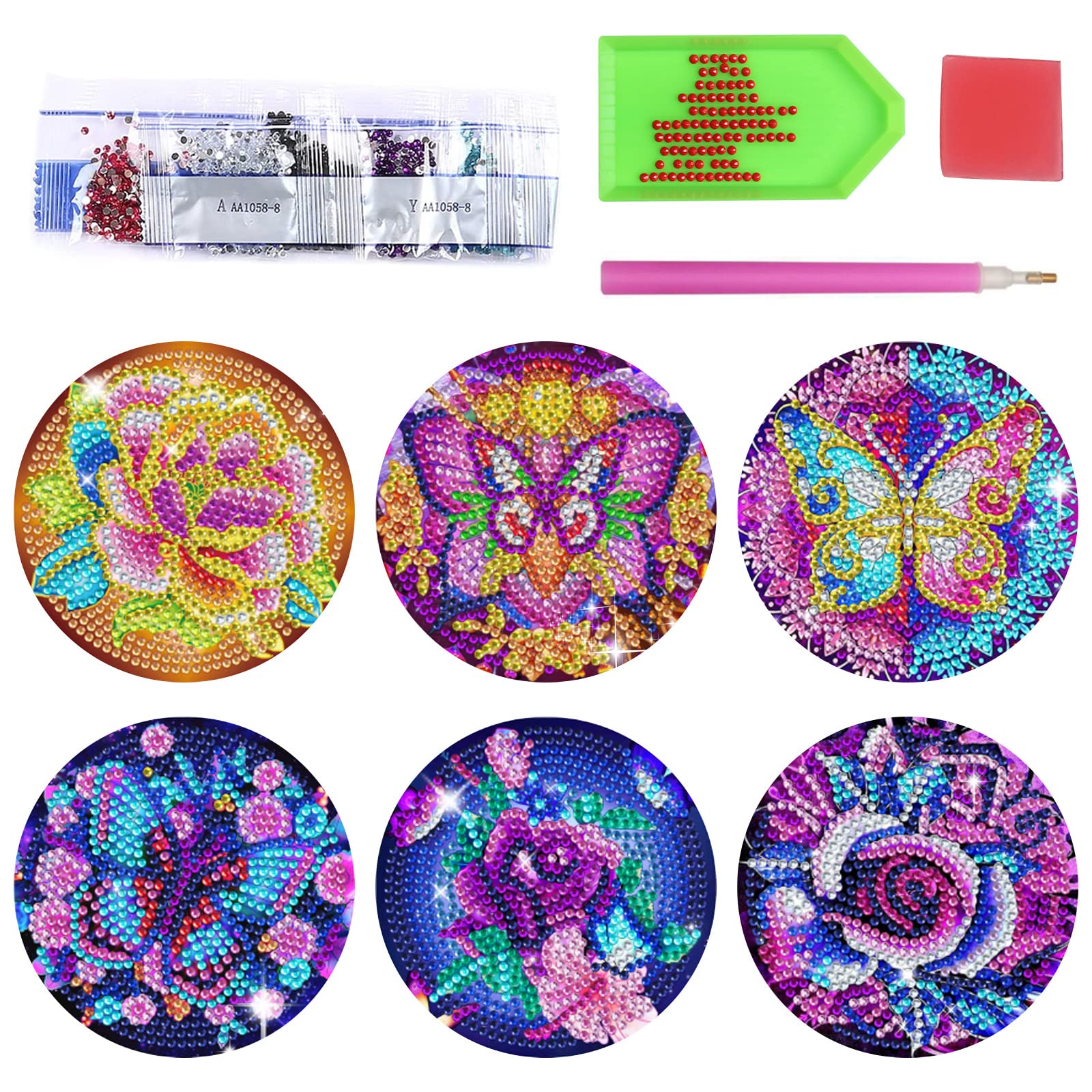 Cskunxia 6 Pcs Diamond Painting Coaster Set Diamond Painting Round Coasters DIY Diamond Art Coasters for Cups Vases, 10 cm/3.9 inch