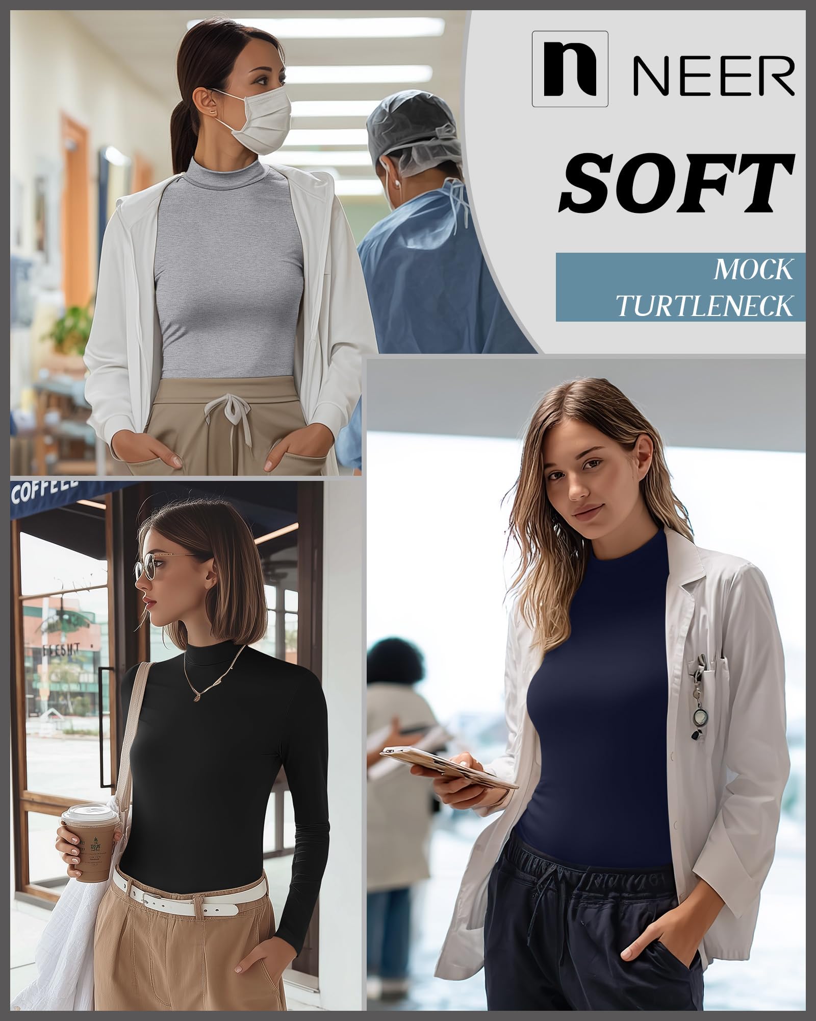 Neer Lot de 3 chemises à manches longues pour femme, col roulé, coupe ajustée, t-shirt basique pour infirmière