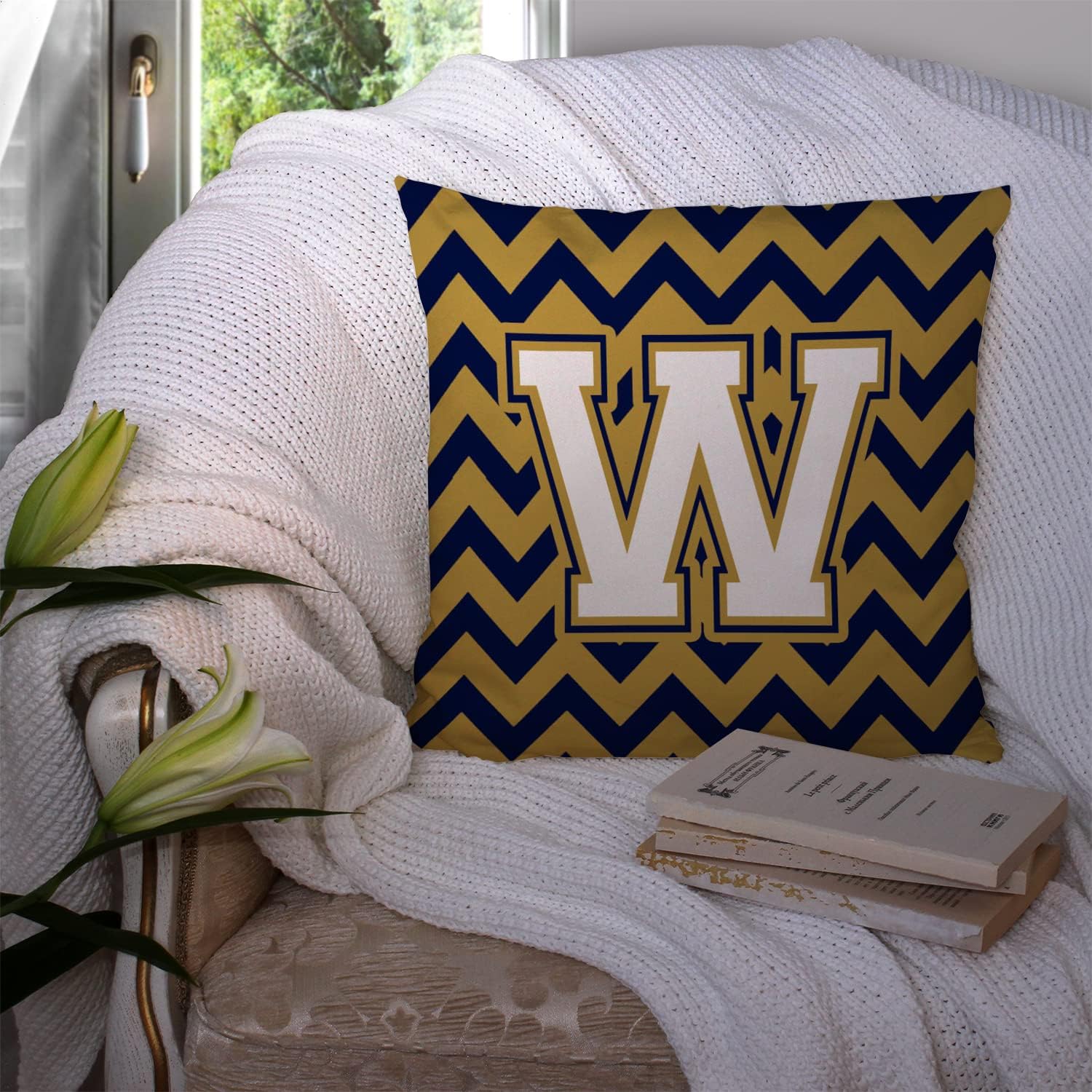 Caroline's Treasures CJ1057-WPW1414 Letter W Chevron Navy Blue and Gold Fabric Decorative Pillow 100% Machine Washable Pillow, Indoor or Outdoor Decorative Throw Pillow for Couch, Bed or Patio