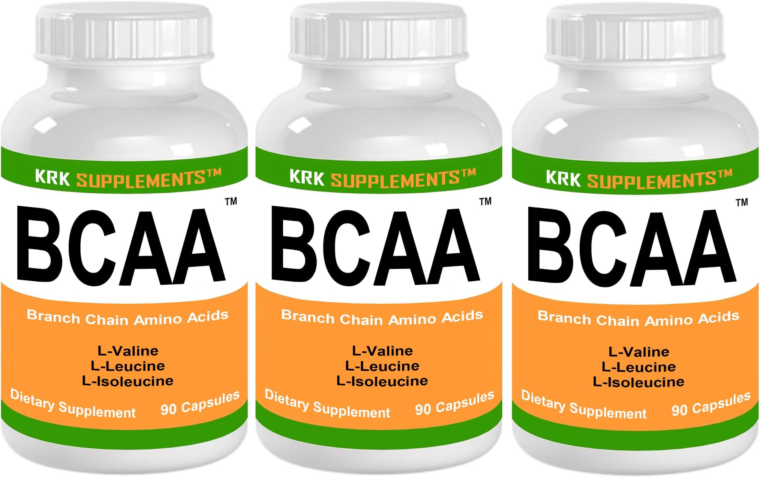 3 Bottles BCAA Branched Chain Amino Acids L-Valine L-Leucine L-Isoleucine 270 Total Capsules KRK Supplements