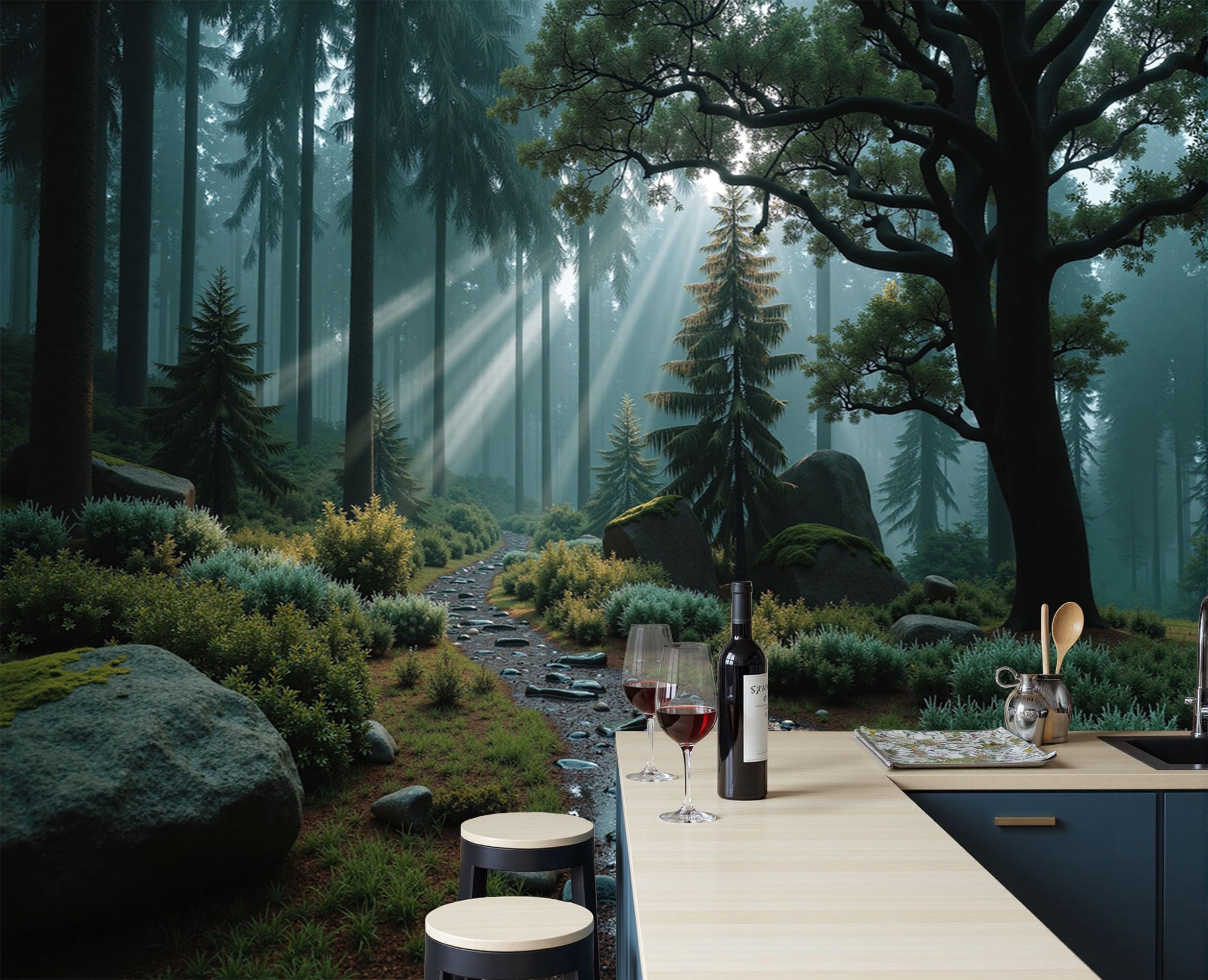 Papier peint forêt ensoleillée pour décorer un salon ou une chambre