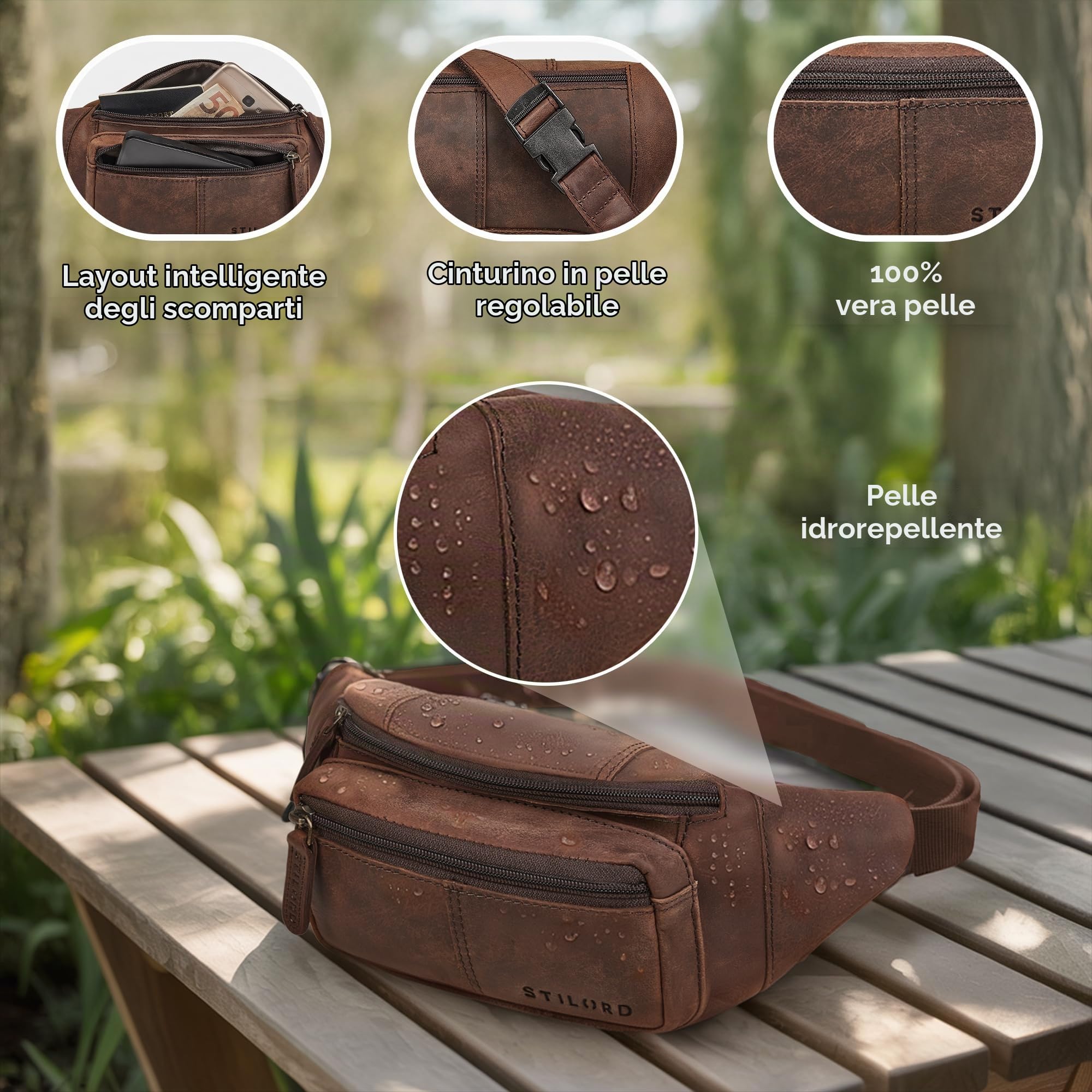 STILORD 'Devon' Marsupio in Pelle Marrone Uomo Vintage - Borsello da Cintura Pelle Vera con Molte Tasche - Zaino da Petto Antifurto - Marsupi per Viaggi e Festival