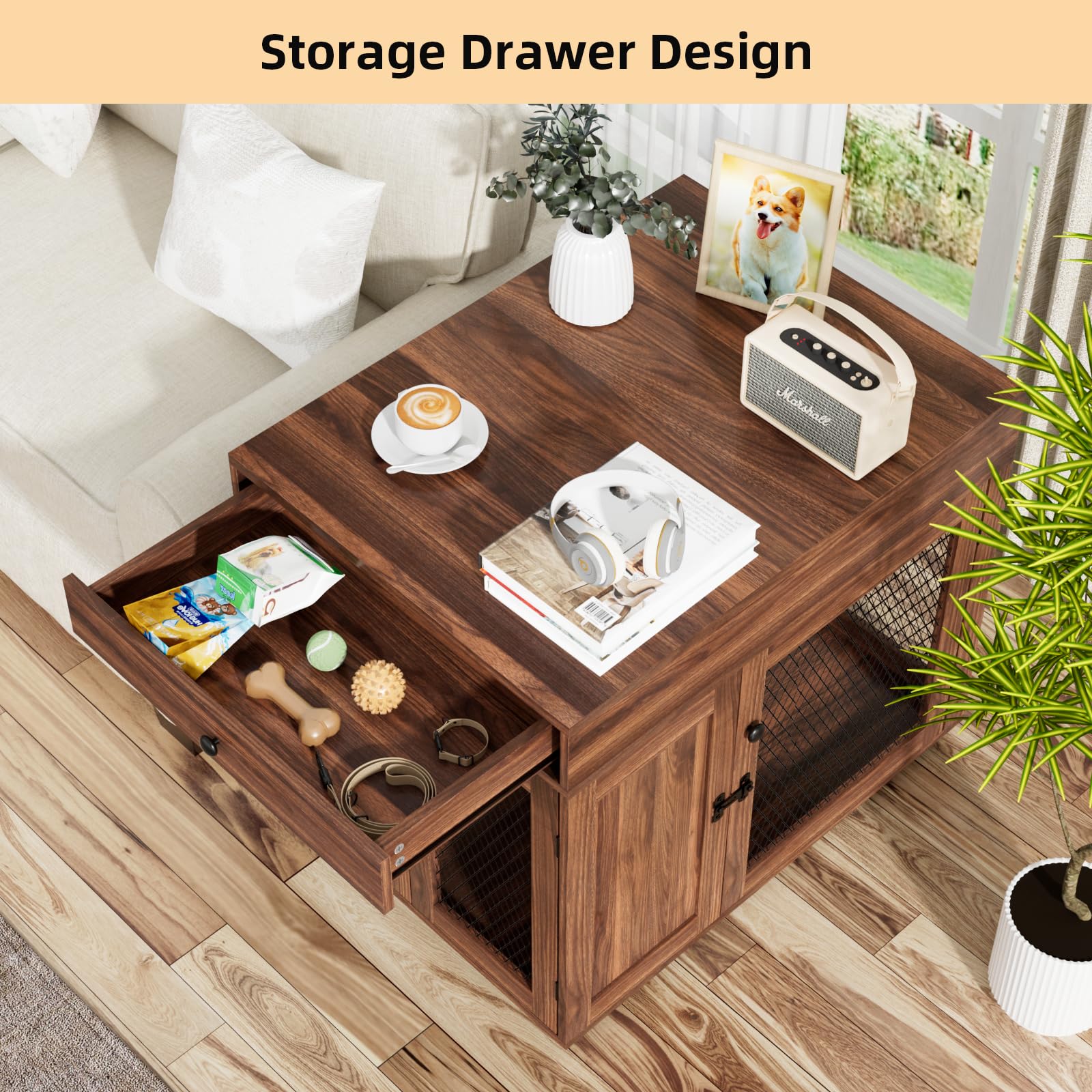 VOWNER Mobili per Cuccia per Cani, Gabbia in Legno a 3 Ante con Cassetto, Cuccia Moderna con Tavolino, 60 x 80 x 69 cm, per Cani di Piccola/Media Fno a 30 kg, Marrone Noce