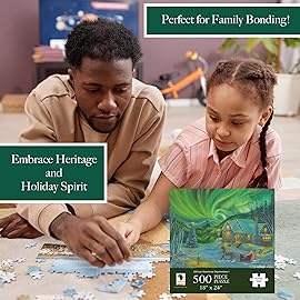 African American Expressions - Northern Lights Christmas Scene Puzzle - 500-Piece African American Jigsaw Puzzle for Adults | Winter Holiday Puzzle with Stunning Artwork