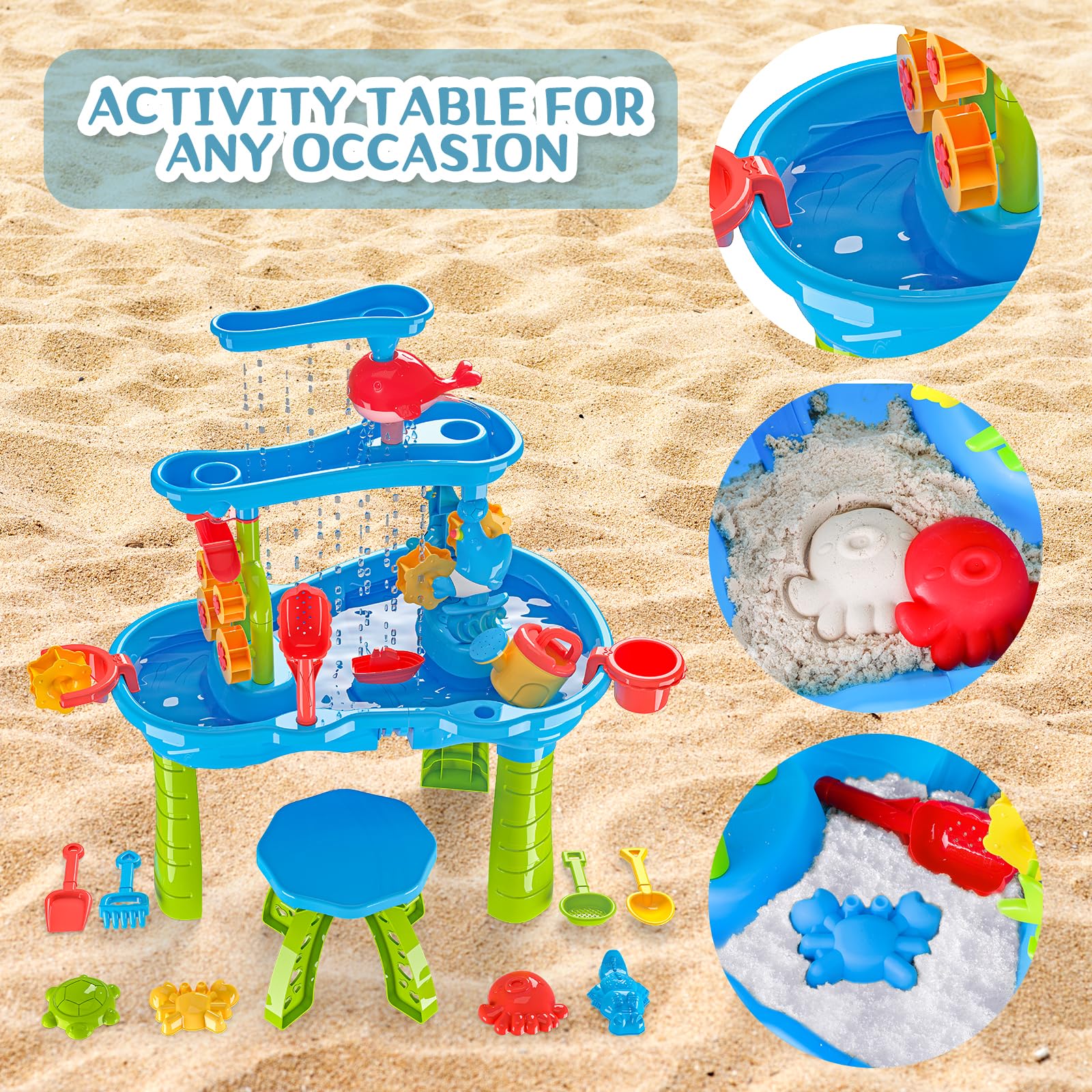 deAO Tavolo Acqua e Sabbia per Bambini 3+ Anni – Tavolo Sensoriale con Cascata e Ruota ad Acqua, 13 Accessori Giochi da Spiaggia, Tavolo attività Acqua Giardino Giocattolo Esterno