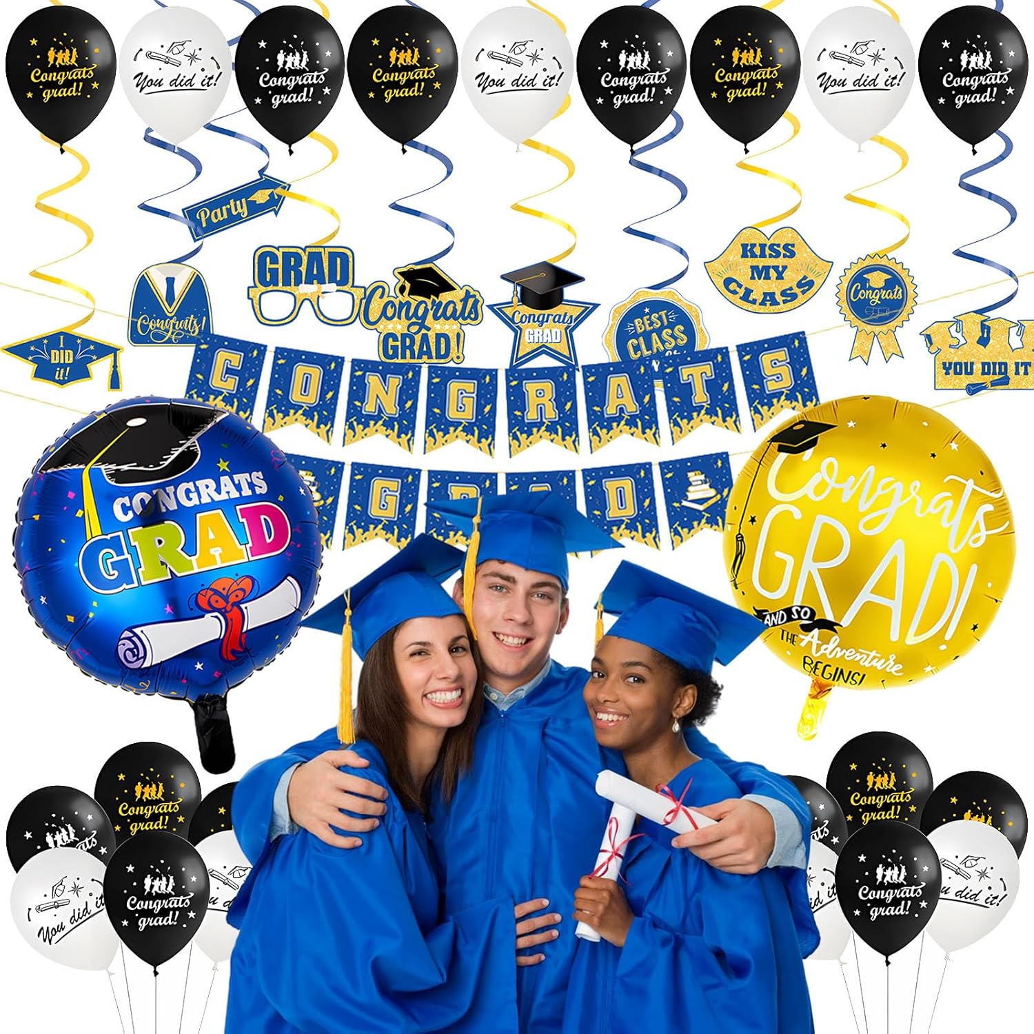 Graduation Decorations Class of 2025, 54 pcs Blue and Gold Congrats Grad Banner Hanging Swirls Graduation Cards Balloon 18” Aluminum Film Balloon Party Favors for Grad Party Decoration Supplies