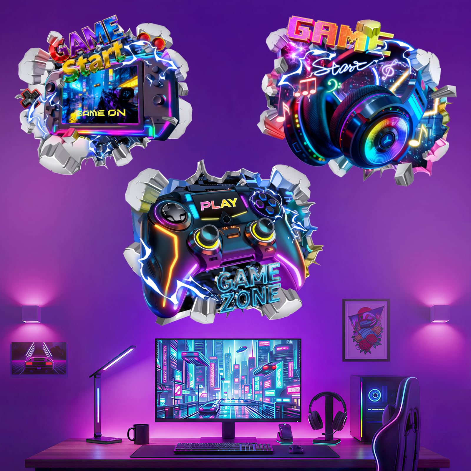 Peelora 3D Gaming Wall Stickers Colorful Gamer Controller Video Game Joystick Headphones Wall Decals Boy Kids Bedroom Teenagers Playroom Home Decor Stickers
