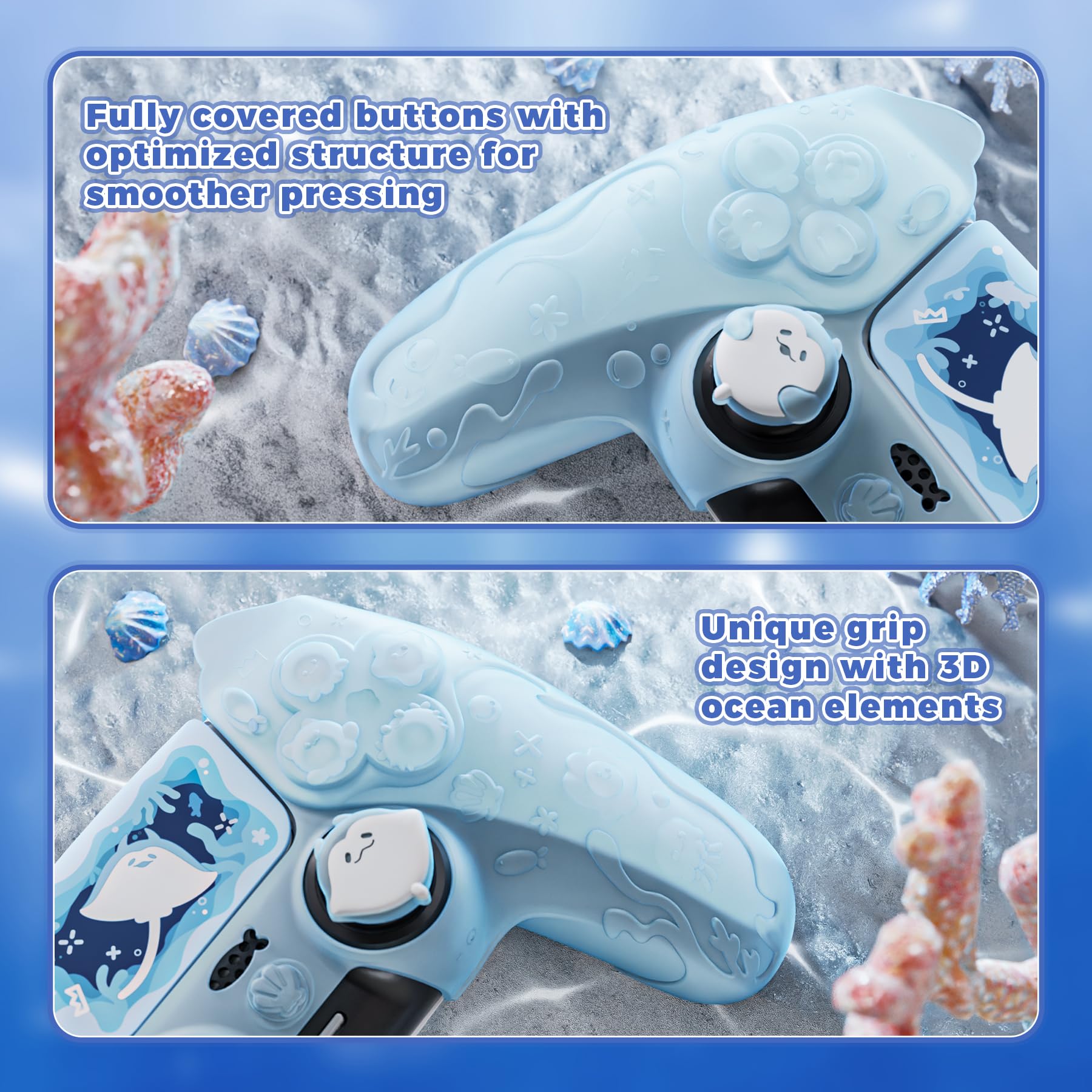 PlayVital Cover Controller per ps5 Joystick Custodia Silicone Semi-trasparente, Grip Antiscivolo & Copri Analogici & Adesivi Carini, Adatto per ps5 Base di Ricarica, Ocean Whisper-Menta Blu