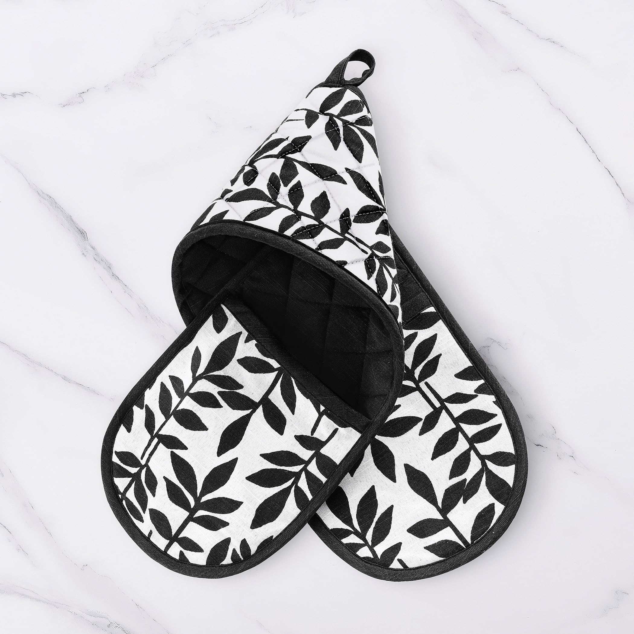 Marrin Quilted Botanical Leaf Print Double Oven Mitt, Black and White