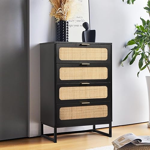 Miniatura 8 de Cómoda de 4 cajones para dormitorio, cómoda de ratán, cómoda de armario, cómoda de almacenamiento de madera alta para sala de estar, dormitorio de