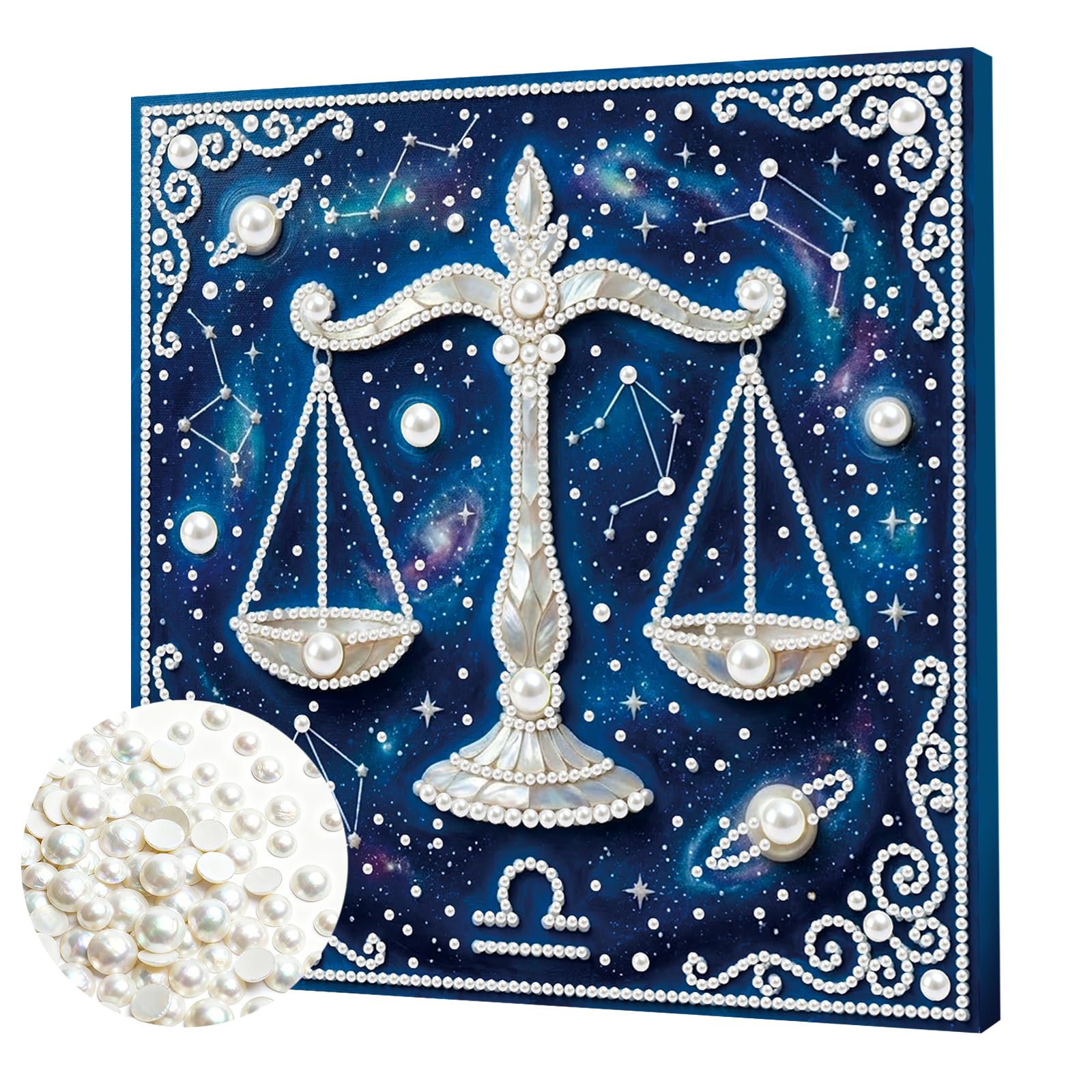 DIY Pearl Painting Kit with Wooden Frame, 3D Plastic Pearl Art Diamond Art Kits for Adults, Ready-to-Hang Home Decor, Gift for Women Beginners(Libra Constellation)(25 * 25cm)