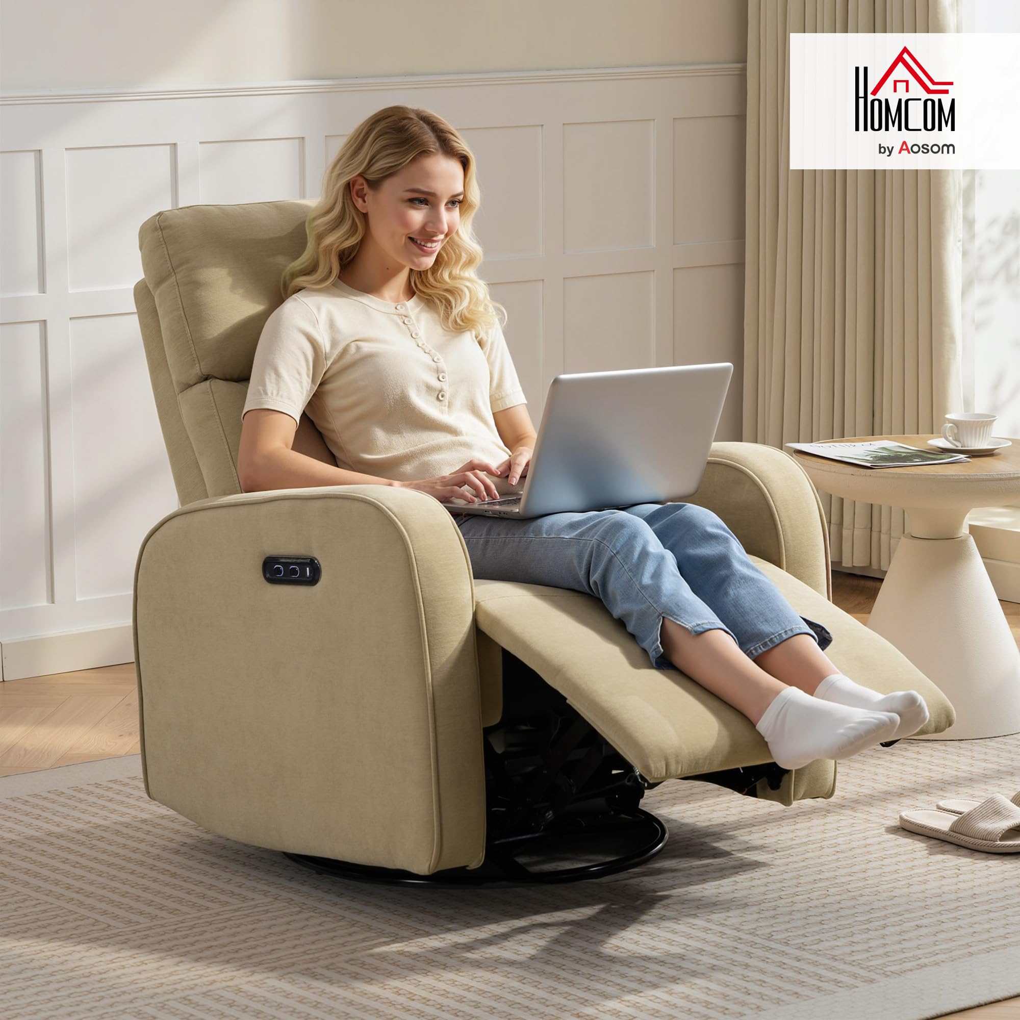 HOMCOM Sillón Relax Reclinable Eléctrico con Doble Motor Reposapiés Beige | Sillón Reclinable de Chenilla Giratorio, Balancín, Reposacabezas Ajustable, Puertos USB y USB-C, Botones Iluminados